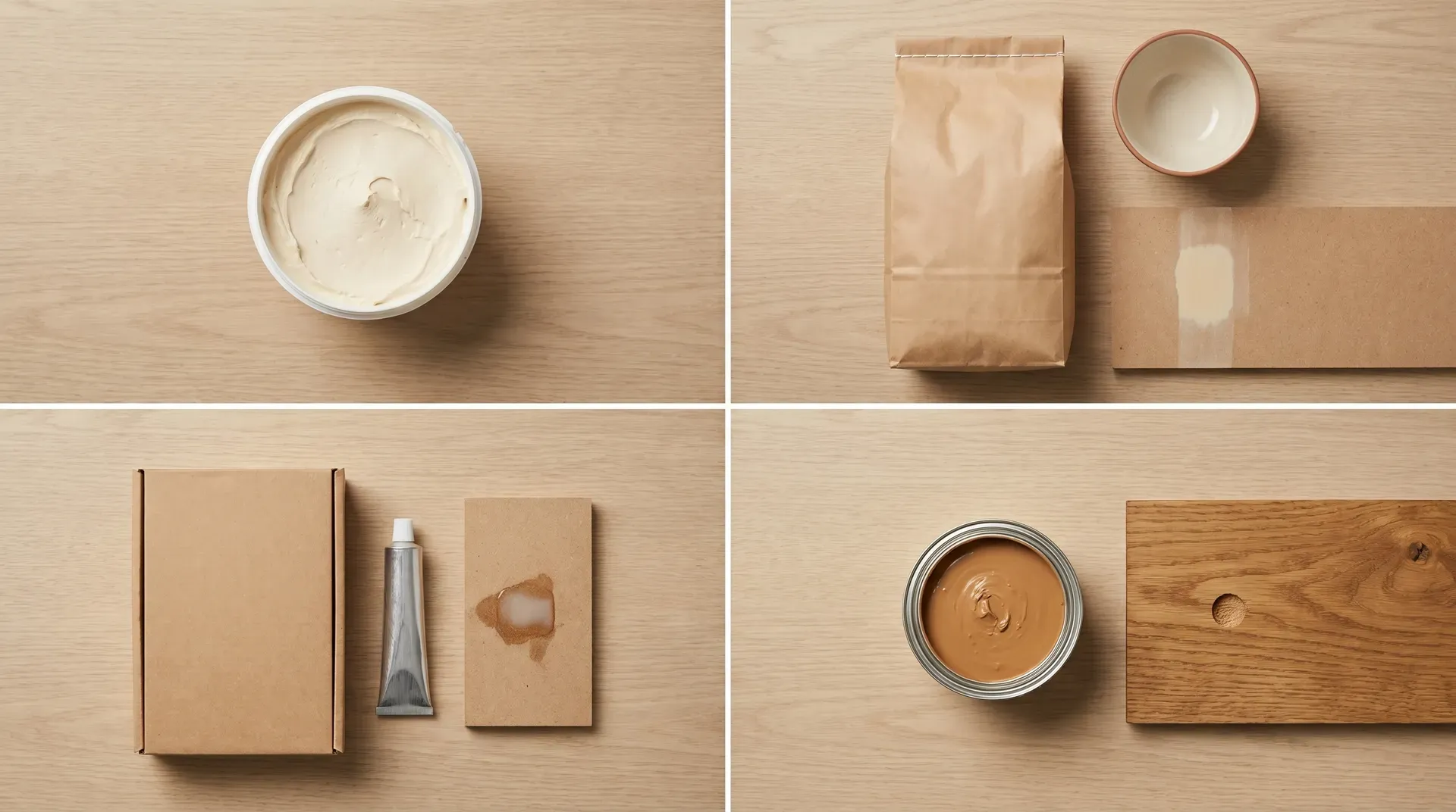 Flat-lay photograph from above showing four wood filler products in four quadrants against a wood-grain background. Top-left: a 250g ready-mixed tub with a cream filler sample. Top-right: a powder wood filler bag with a mixing bowl and a sample piece. Bottom-left: a twin-pack two-part epoxy box with hardener tube and a sample. Bottom-right: a small round tin of stainable filler with an oak-stained sample beside it.