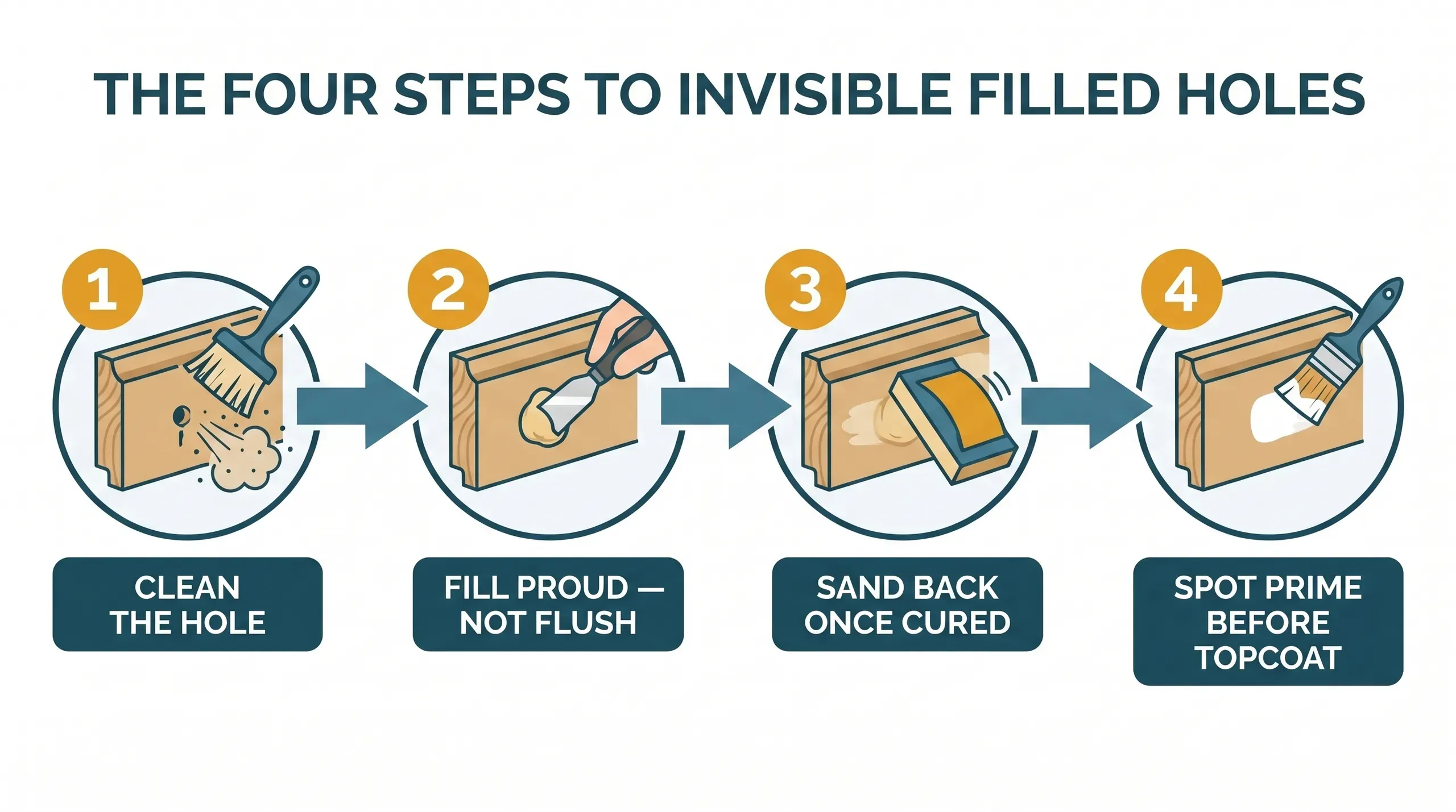 Annotated cross-section of a freshly fitted MDF skirting board showing a filling knife pressing wood filler proud of three nail holes, with the sanded and primed final state on the right half