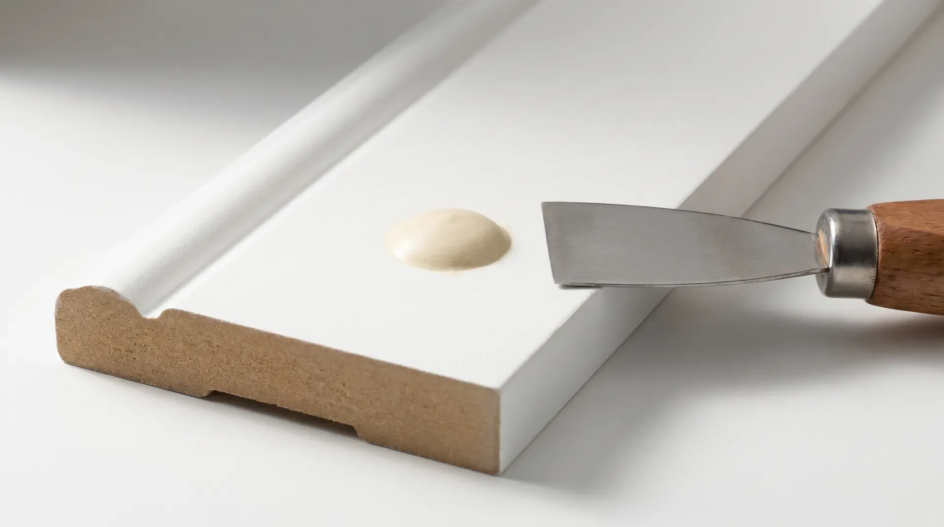Macro side-view photograph of a freshly filled nail hole on a length of primed white MDF skirting board. The cream-coloured wood filler is visibly proud of the surface by about 1mm, forming a shallow rounded dome above the white primed surface. A stainless-steel putty knife rests beside it at the same scale.