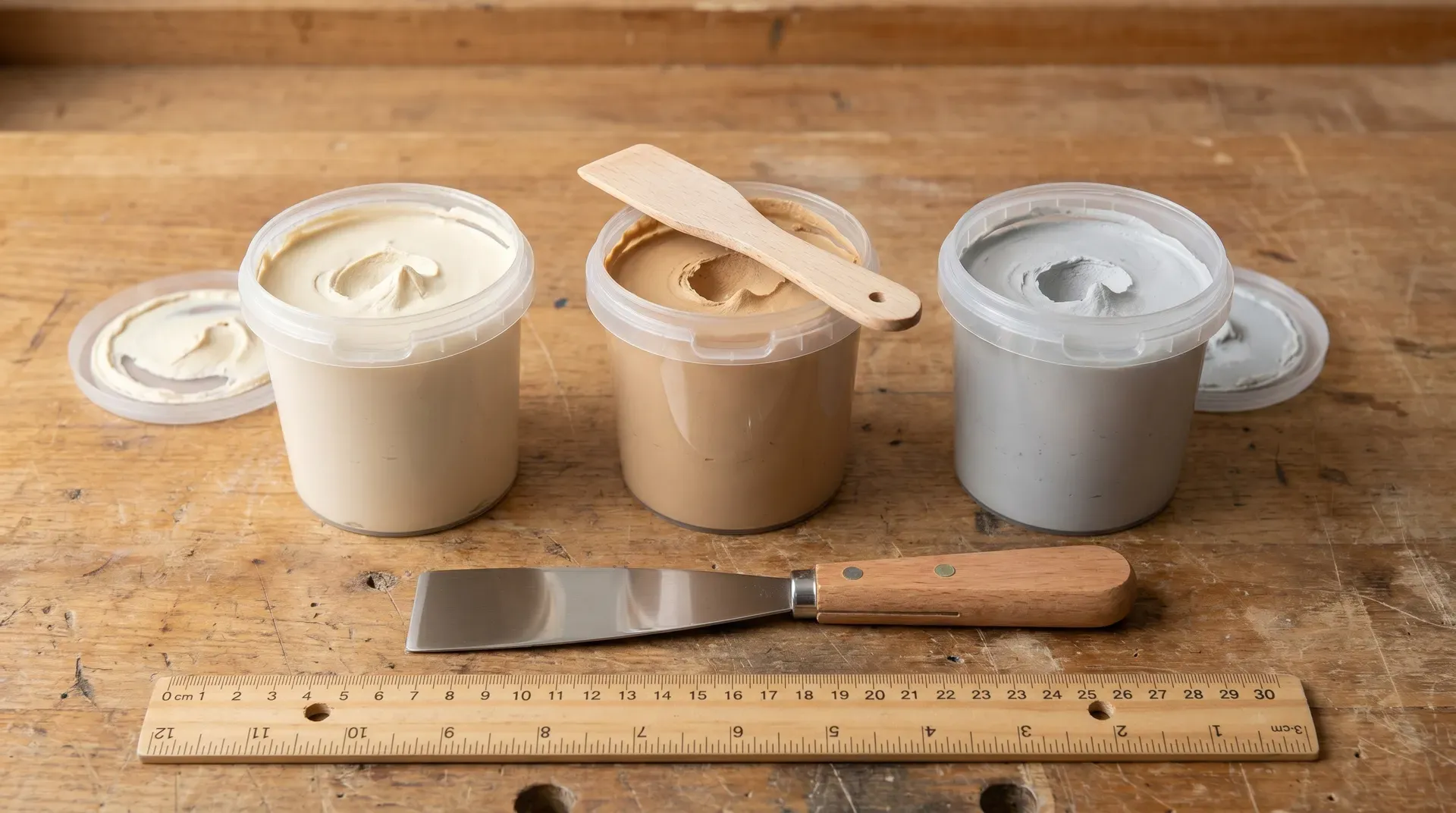Three open plastic tubs of single-part ready-mixed wood filler in different colours (natural, light oak, and light grey) arranged in a row on a workshop bench, with a stainless steel filling knife resting across the centre tub and a ruler at the bottom of frame for scale.