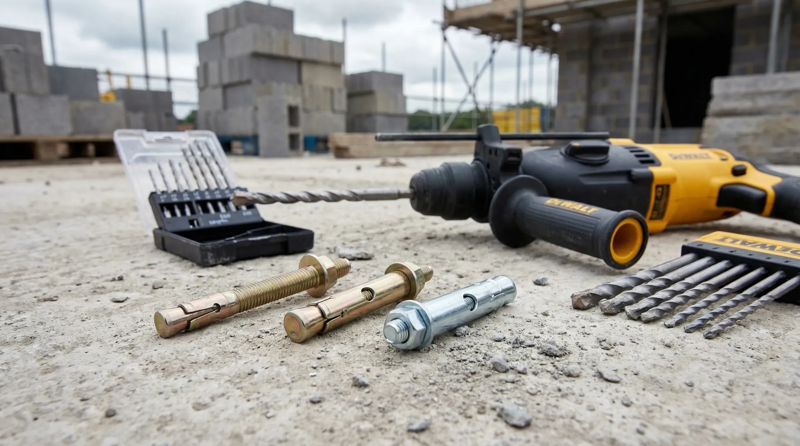 Three types of expansion anchor bolt - wedge anchor, sleeve anchor and shield anchor - laid out on a concrete surface alongside an SDS drill and masonry drill bits