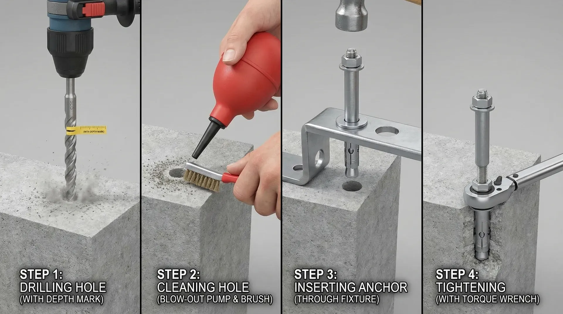 Four-step process for installing expansion anchor bolts: drill to exact diameter, clean hole, insert through fixture, torque to specification