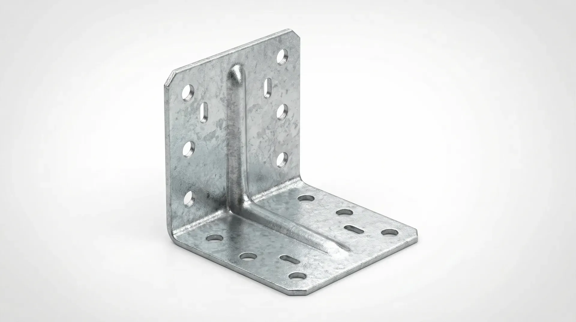 Isometric view of a 90x90x60mm heavy-duty galvanised angle bracket showing flanges, reinforcement rib, and pre-punched fixing holes
