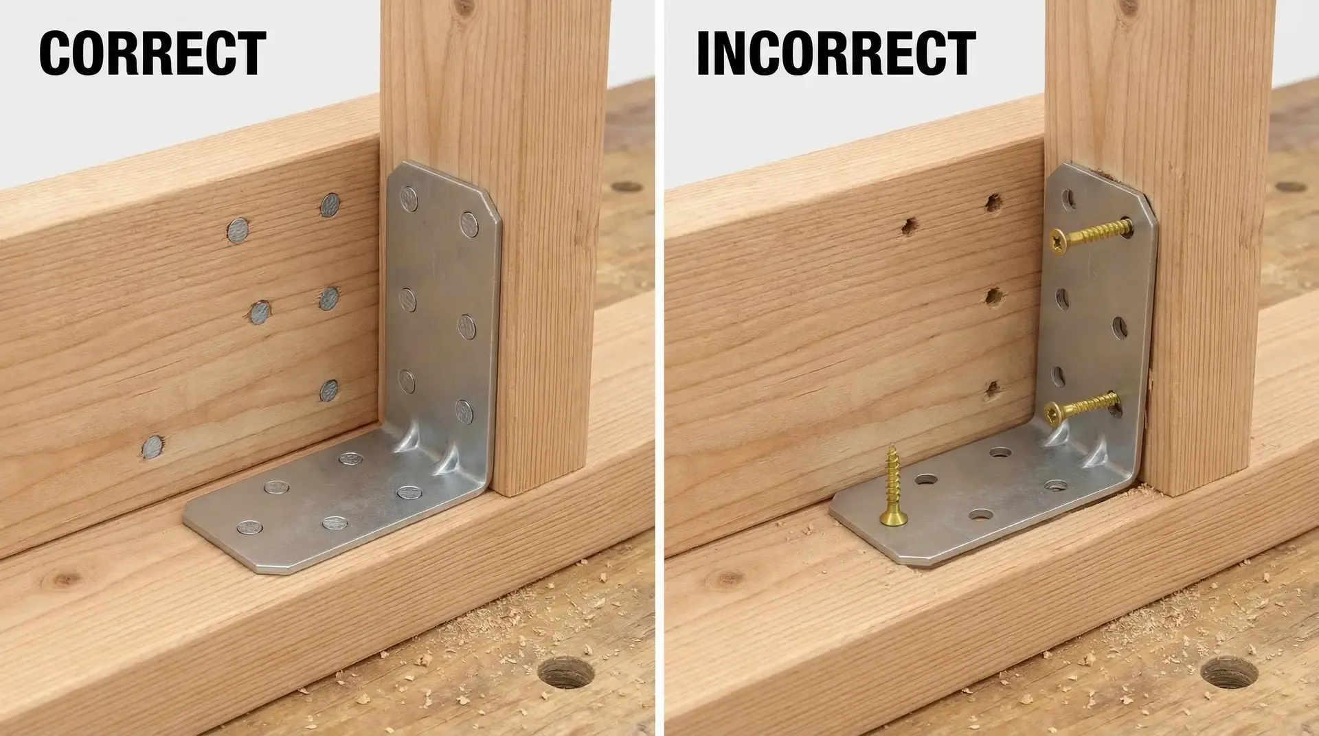 Comparison of correctly installed angle bracket with all holes filled versus incorrect installation with gaps, missing fixings, and wrong screws