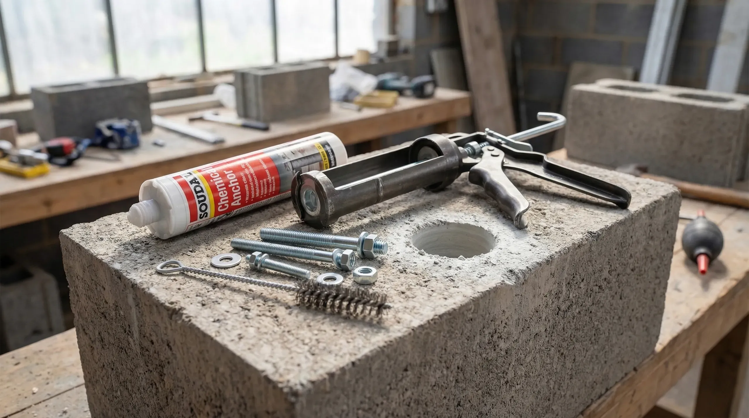 Chemical anchor resin cartridge, applicator gun, threaded studs, and a wire hole cleaning brush arranged on a concrete block next to a freshly drilled and cleaned hole