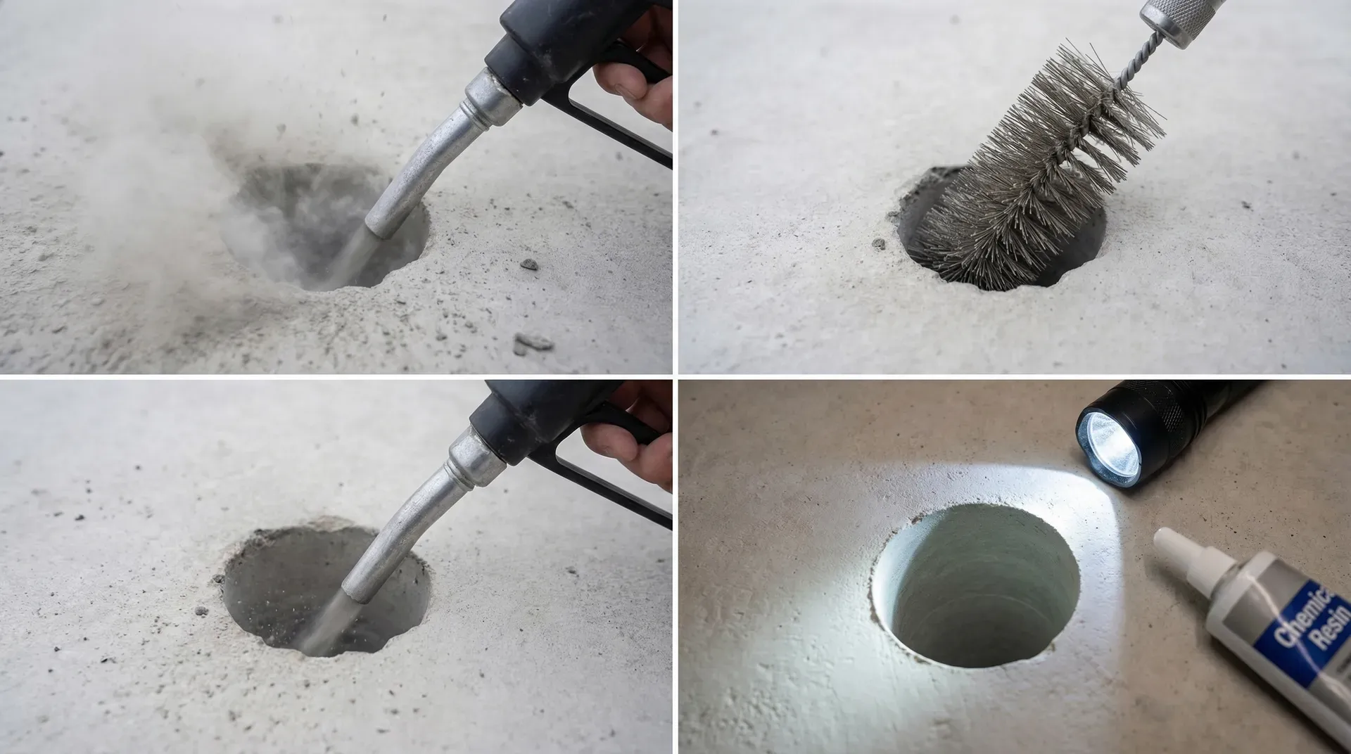 Four-step hole cleaning sequence for chemical anchors: blow, brush, blow, brush. The procedure that determines whether the anchor holds