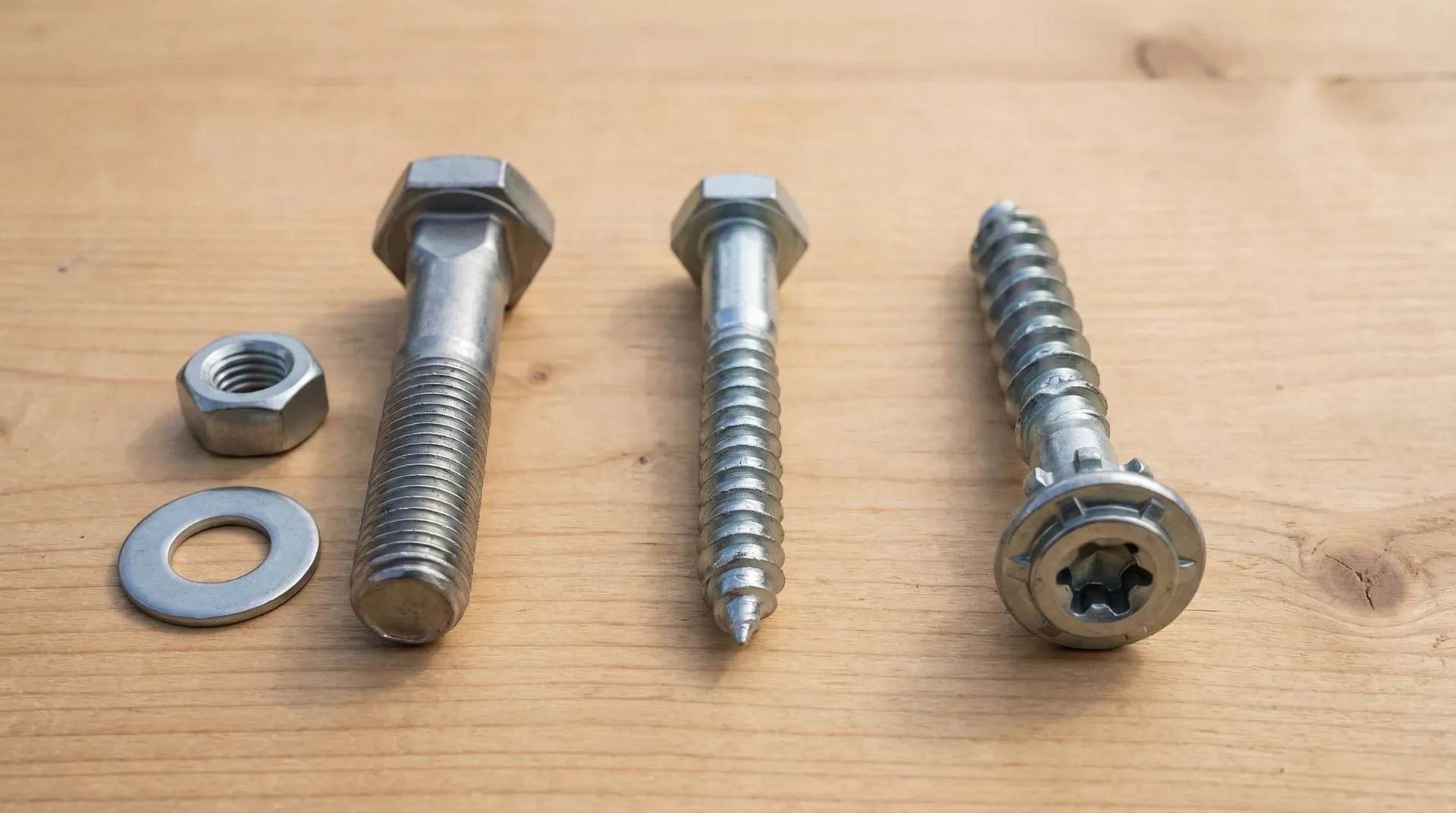 Three-column comparison of coach bolt, coach screw, and structural screw showing their different designs and characteristics