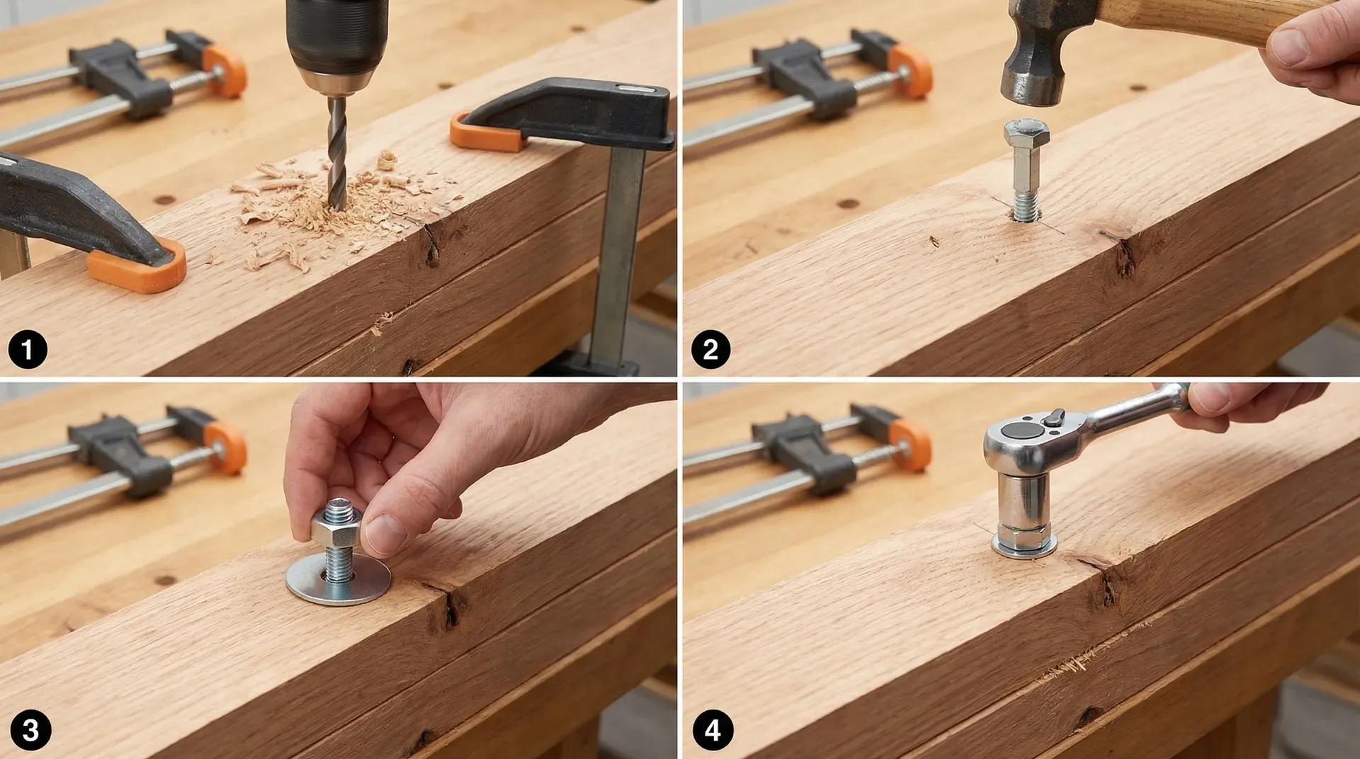Four-panel installation sequence for a coach bolt: drill clearance hole, tap bolt through, fit washer and nut, tighten with socket