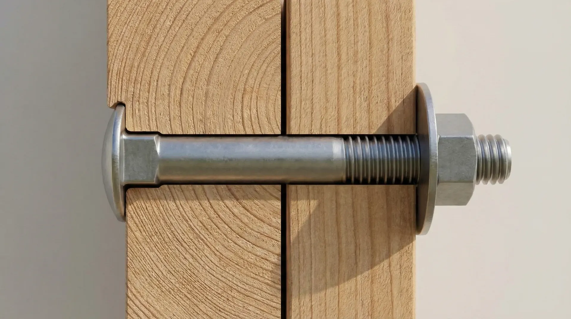 Cutaway side-view of an M10 coach bolt installed through two pieces of timber with penny washer and hex nut, showing labelled parts