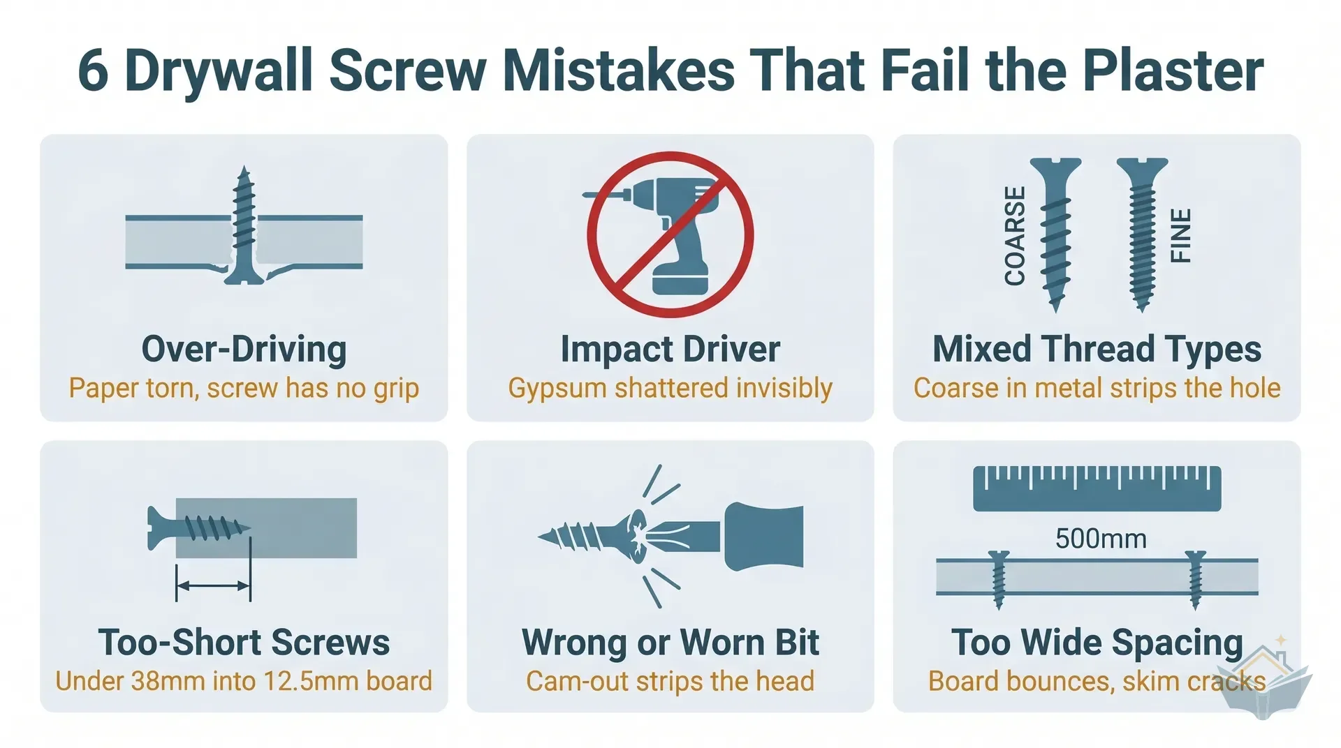 Six-panel flat vector infographic showing common drywall screw mistakes in a 3x2 grid. Panel 1: over-driving (bugle head breaking paper face, red X). Panel 2: using impact driver (shockwave icon, red X). Panel 3: wrong thread type (coarse into metal C-stud, spinning without grip). Panel 4: zinc-plated in damp areas (rust spots telegraphing through skim). Panel 5: screws too widely spaced (bouncing board, cracked skim joint). Panel 6: 32mm into timber (insufficient penetration below British Gypsum minimum). Amber numbered badges, teal header bars, clean sans-serif labels on white background.