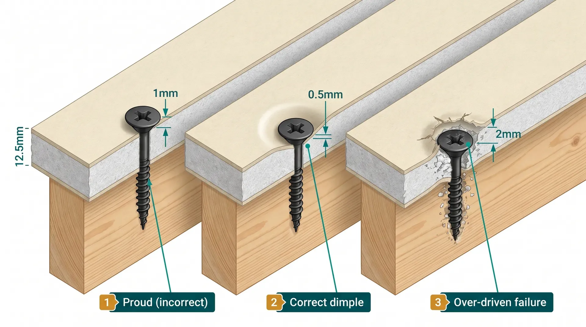 Three-state diagram showing a proud drywall screw above the board surface, a correctly dimpled screw with paper face intact, and an over-driven screw with broken paper face and exposed gypsum core