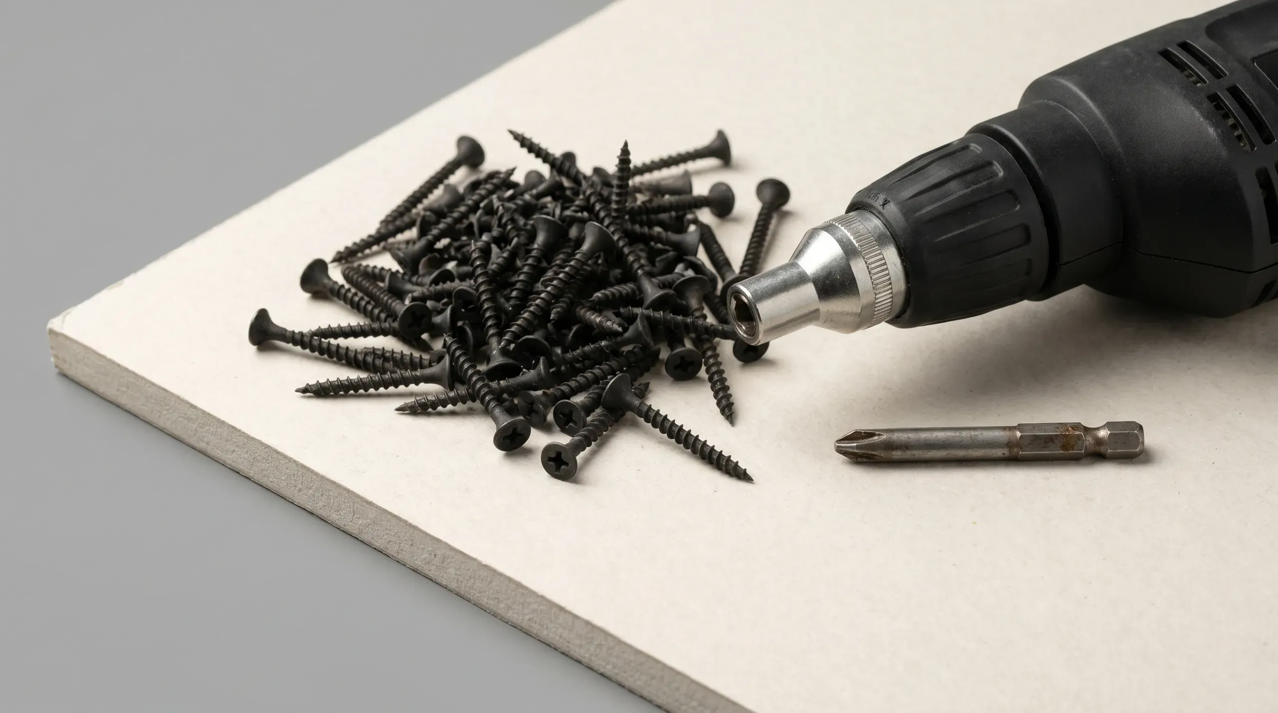 Box of black phosphate drywall screws spilled across a sheet of 12.5mm plasterboard alongside a Phillips PH2 driver bit and a corded drywall screw gun with adjustable depth-stop nose cone