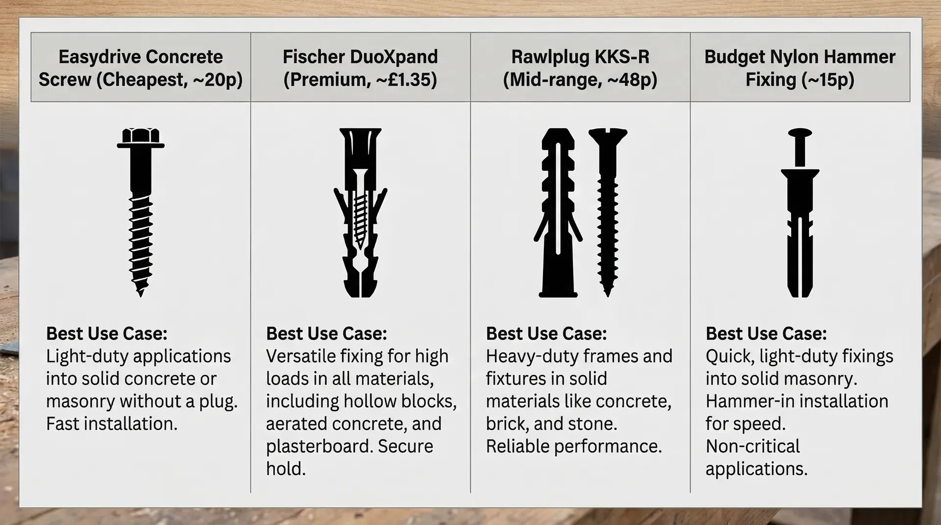 Four-column comparison of concrete screws, Fischer DuoXpand, Rawlplug KKS-R, and budget nylon frame fixings with prices