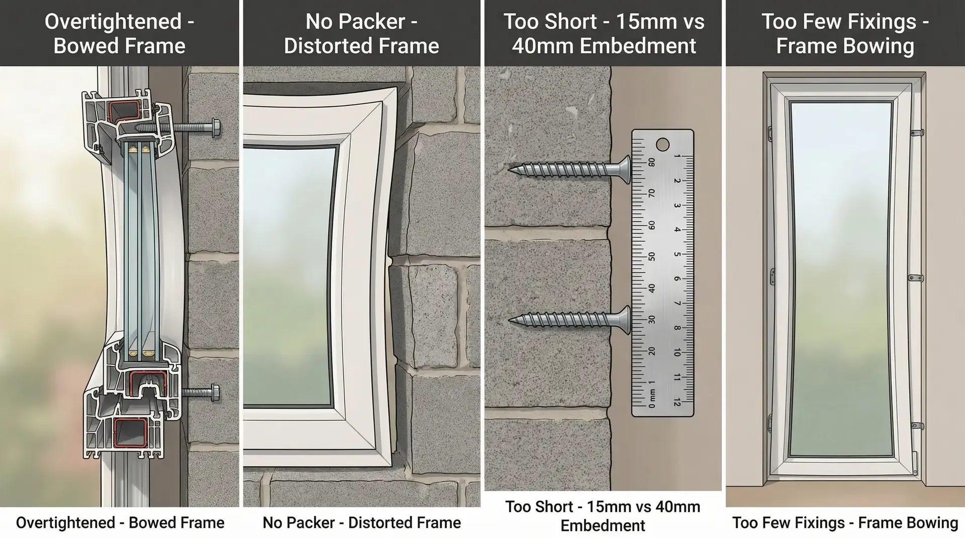 Four panels showing common frame fixing mistakes: overtightened frame bowing, no packer causing distortion, too short embedment, too few fixings