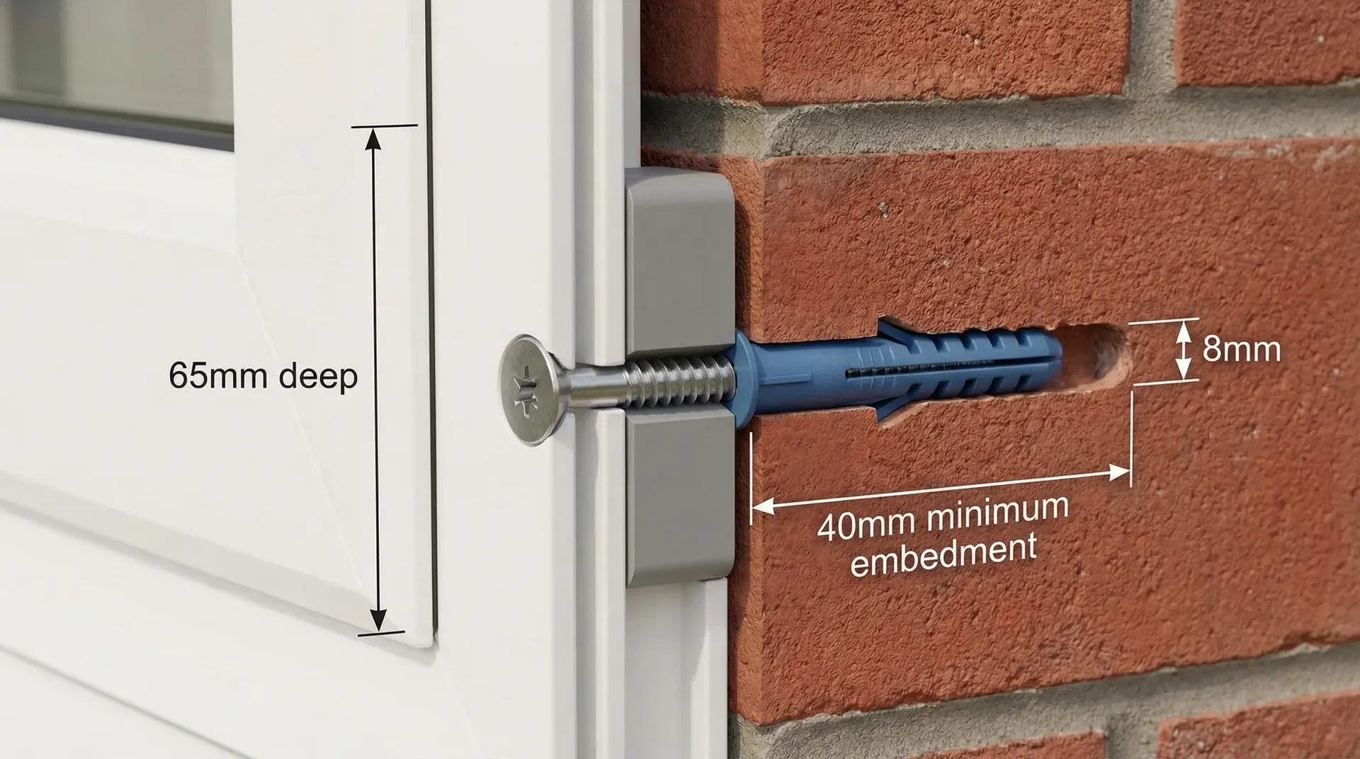 Cutaway cross-section of a nylon frame fixing installed through a uPVC window frame into brick masonry showing 40mm minimum embedment