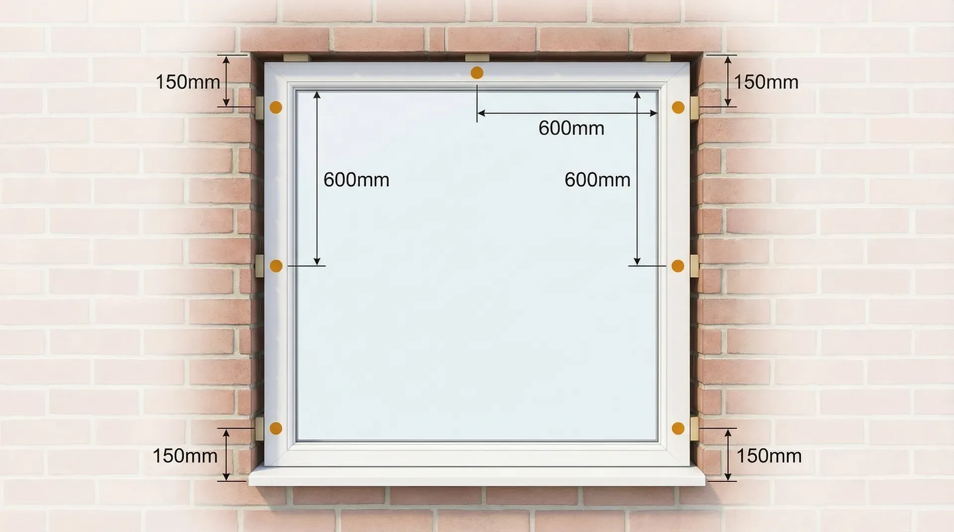 Front view of a uPVC window frame showing fixing positions 150mm from corners and at 600mm maximum centres with packers behind each point