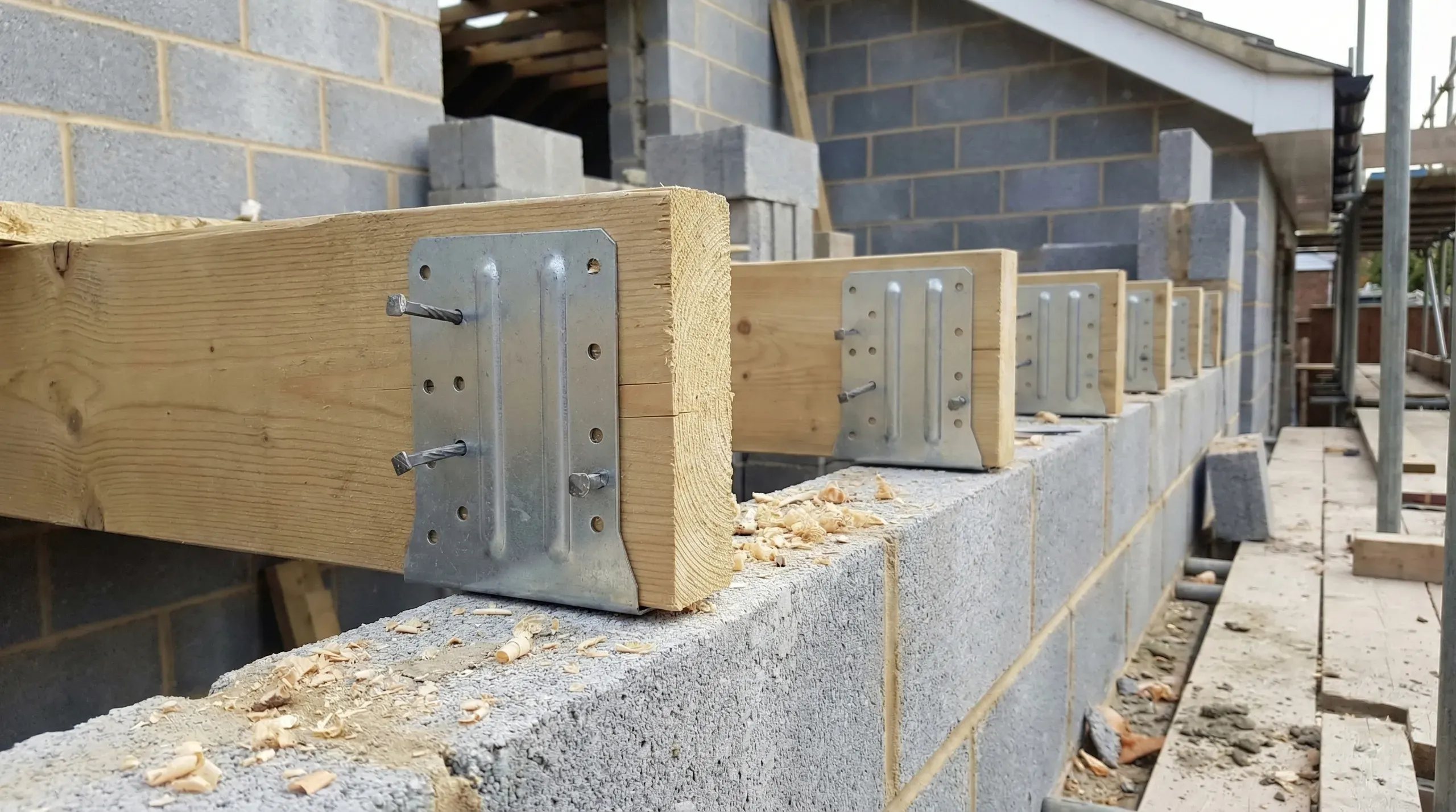 Galvanised steel masonry joist hangers installed in a blockwork wall with timber joists seated in position, showing the nail holes in the side flanges