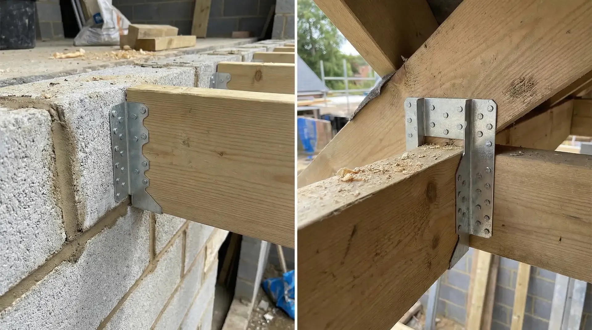 Split image showing masonry joist hanger during wall construction (left) and timber-to-timber face-fix hanger during roof construction (right)