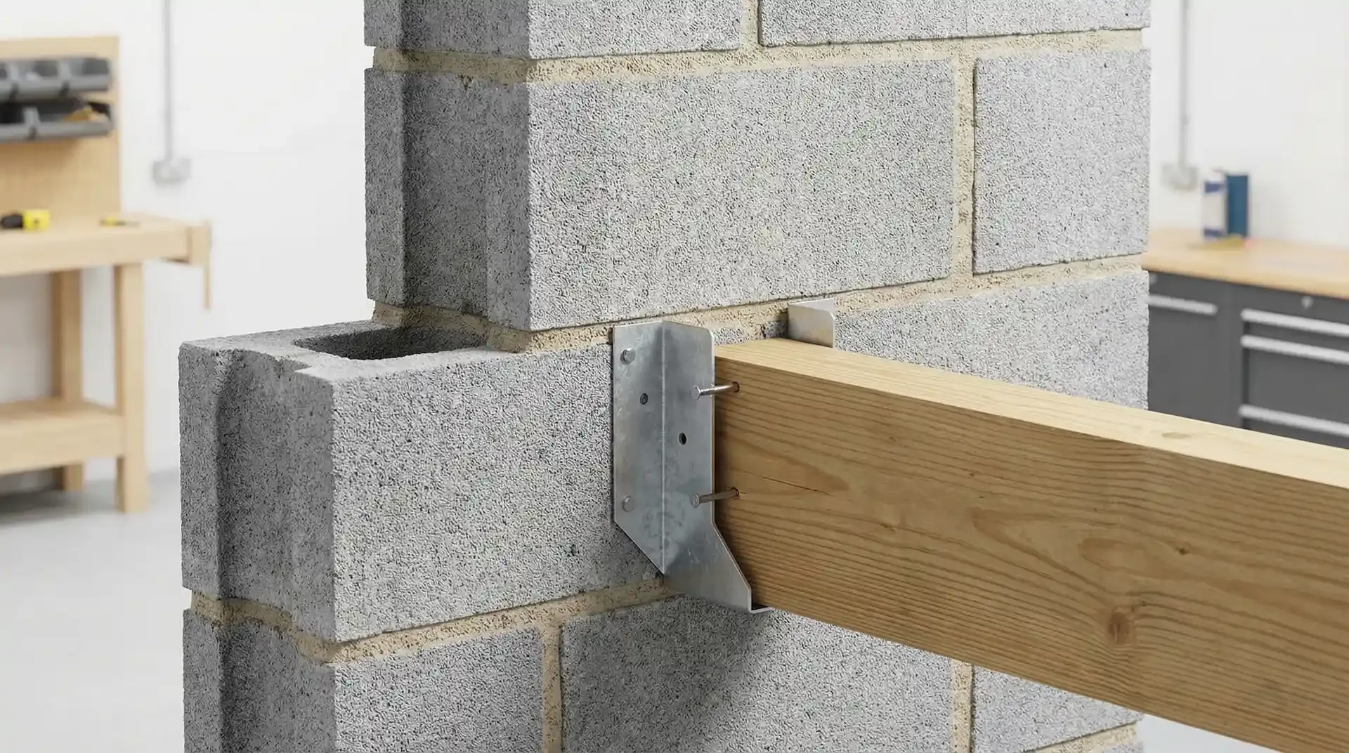 Cutaway showing a masonry joist hanger built into blockwork with timber joist seated inside, showing load path and nail positions