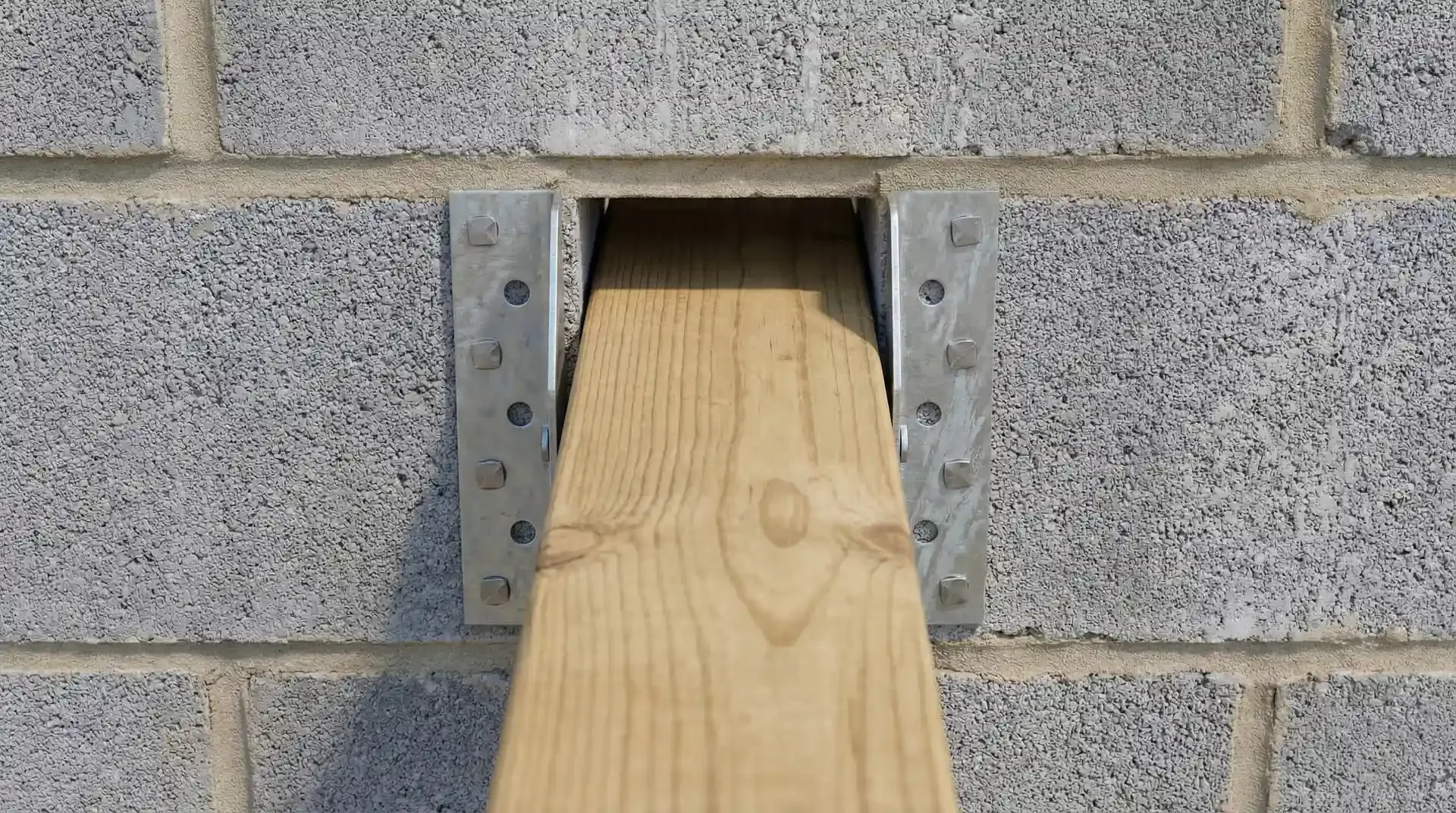 Front view of a masonry joist hanger with all pre-punched circular holes filled with square twist nails