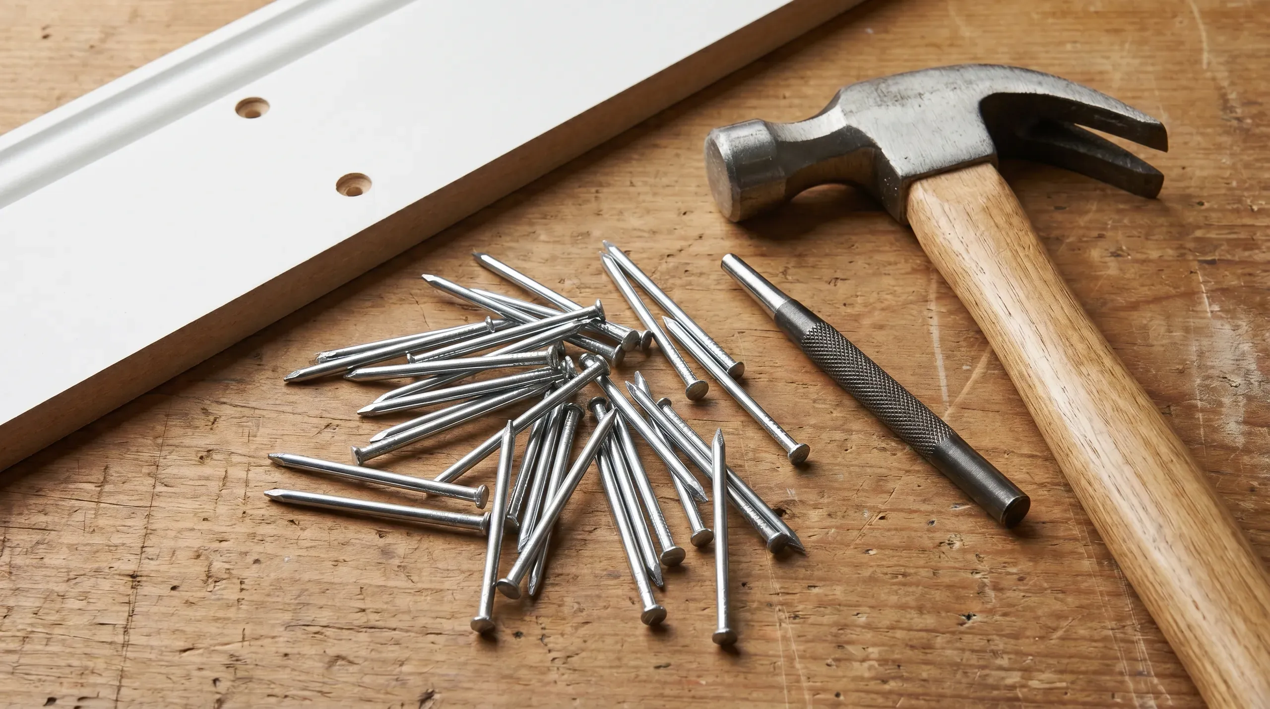 Close-up of bright steel lost-head nails arranged on a workbench beside a nail punch, hammer, and a length of primed MDF skirting board with two countersunk nail holes ready for filler