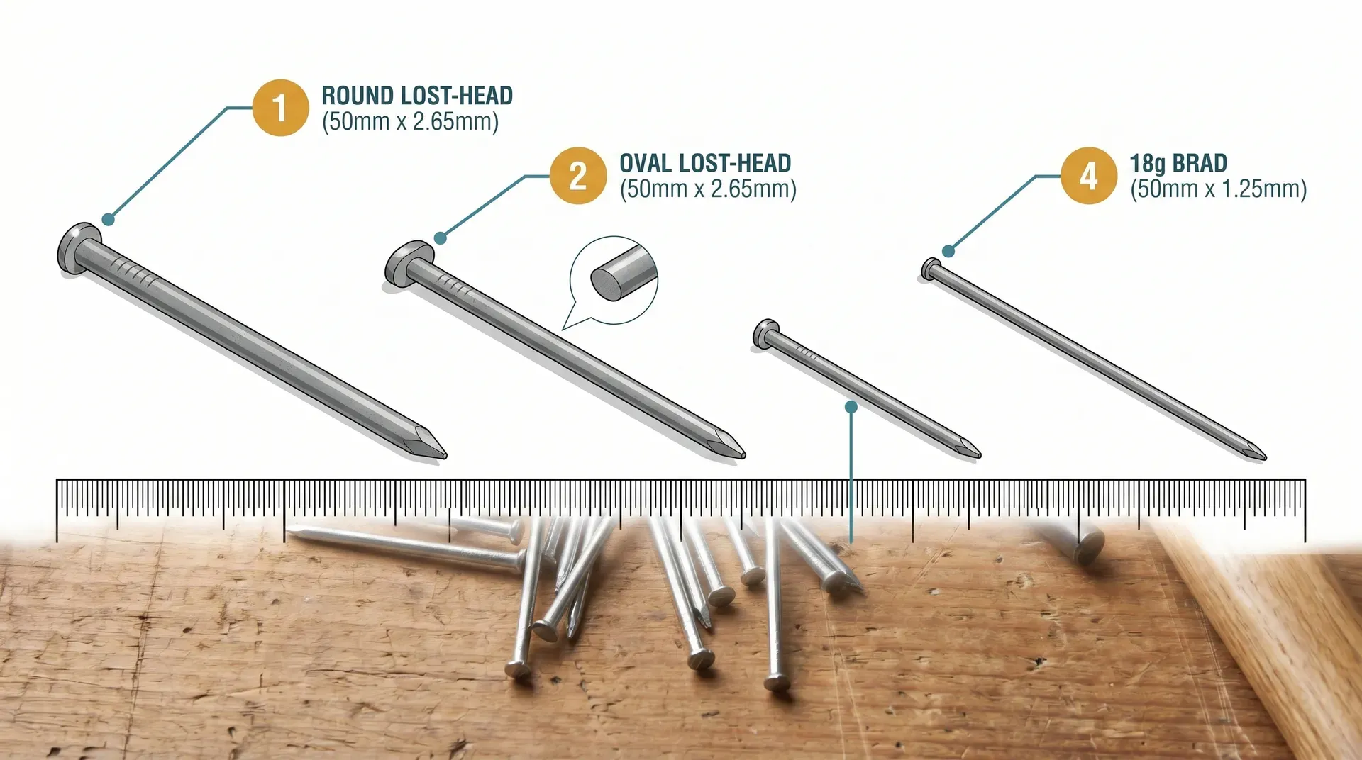 Side-by-side diagram of four nail types in side elevation at the same scale: round lost-head 50mm, oval lost-head 50mm, panel pin 25mm, and 18-gauge brad 50mm, with a millimetre ruler at the base showing relative scale