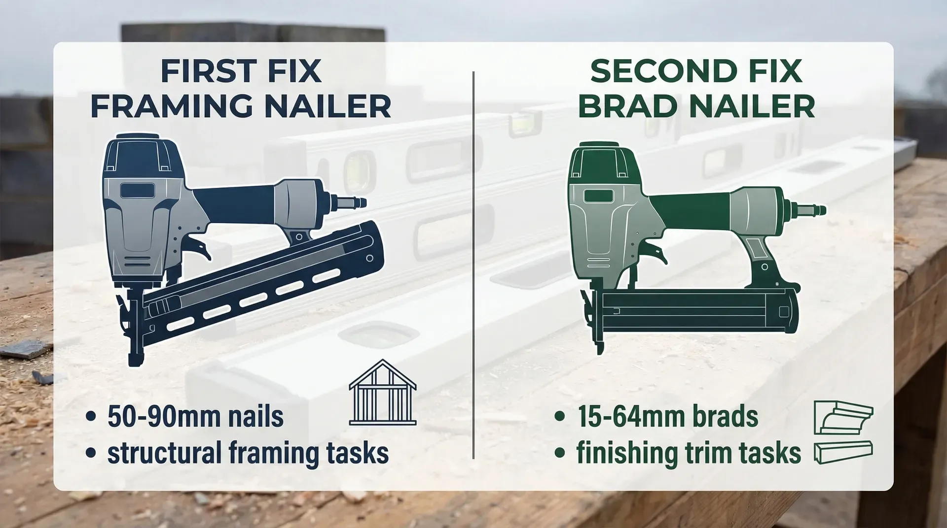 Comparison of first fix framing nailer (50-90mm, structural) and second fix brad nailer (15-64mm, finishing trim)