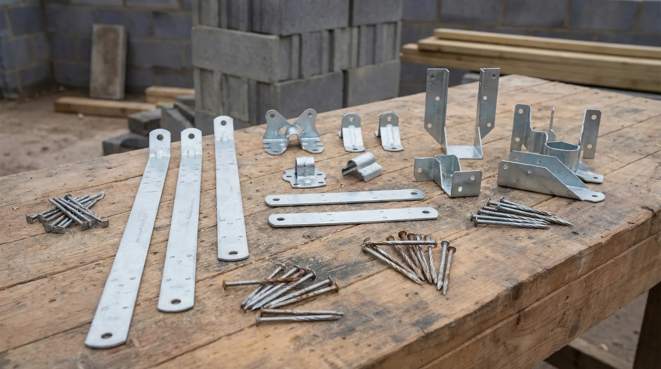 Galvanised steel restraint straps and truss clips arranged on a plywood board alongside square twist nails and blockwork, showing the range of timber connectors used in UK domestic construction