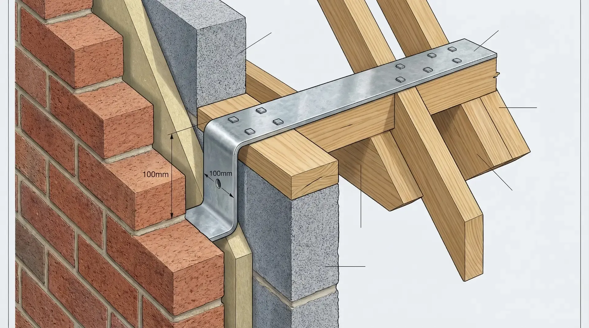 Cutaway cross-section of a heavy restraint strap at eaves level connecting roof structure to inner leaf of cavity wall