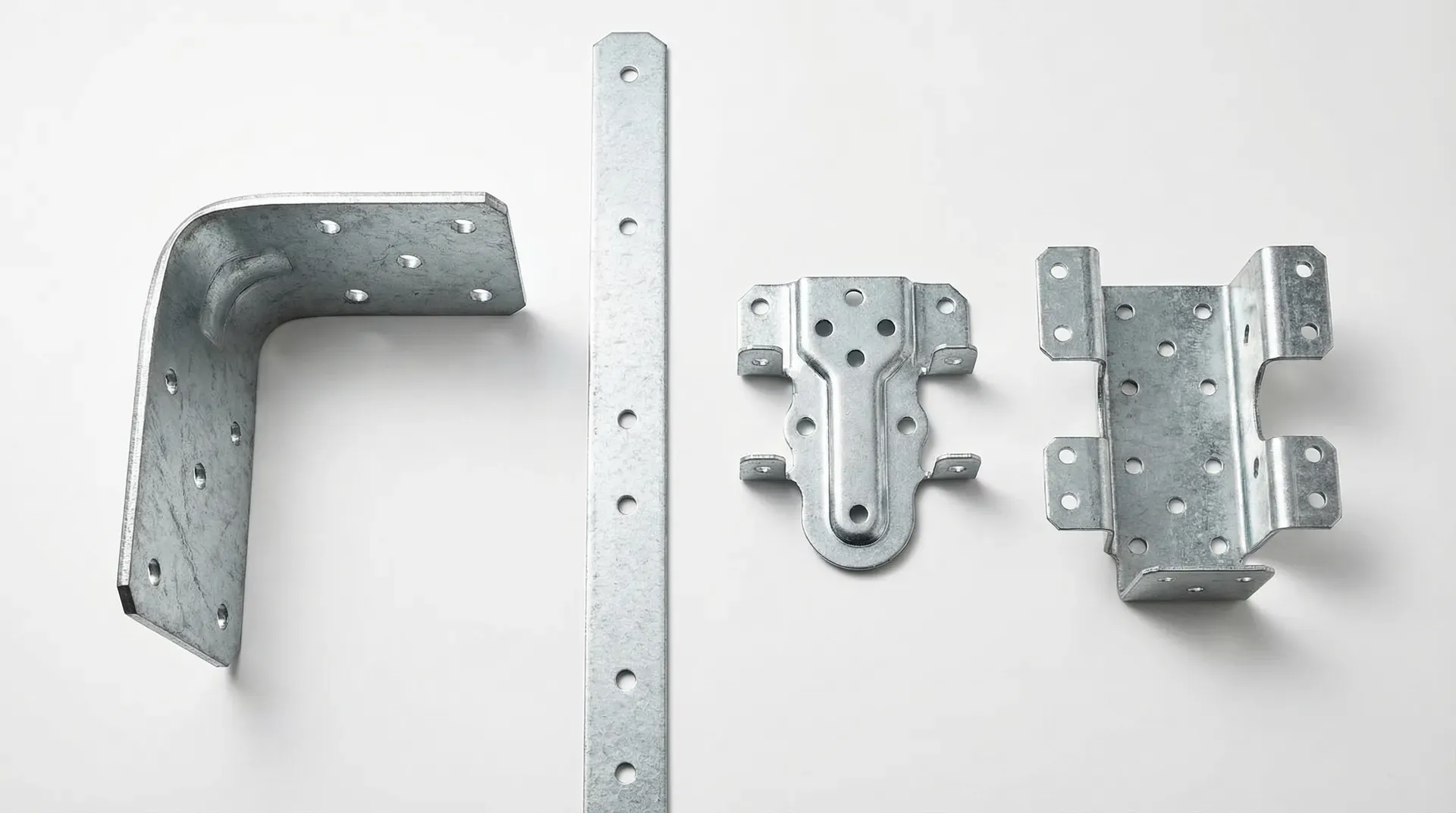 Four timber connectors: heavy restraint strap, light restraint strap, truss clip, and framing anchor, showing their form and nail holes