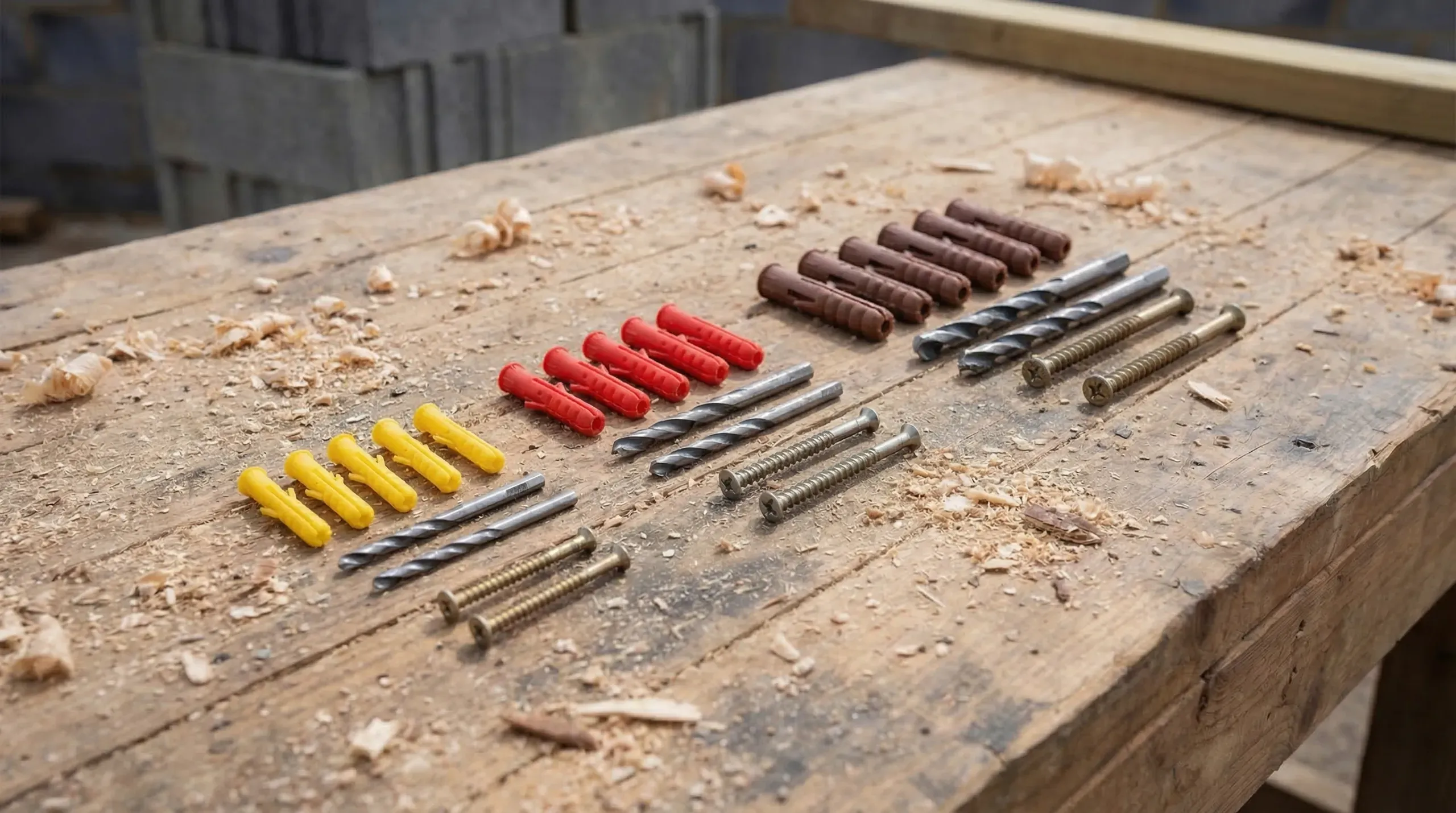 Selection of yellow, red, and brown wall plugs arranged by size alongside matching drill bits and screws on a workbench