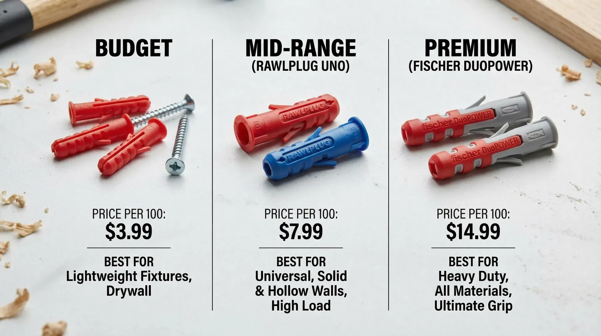Three-column comparison of budget, Rawlplug UNO, and Fischer DuoPower wall plugs showing body design and pricing