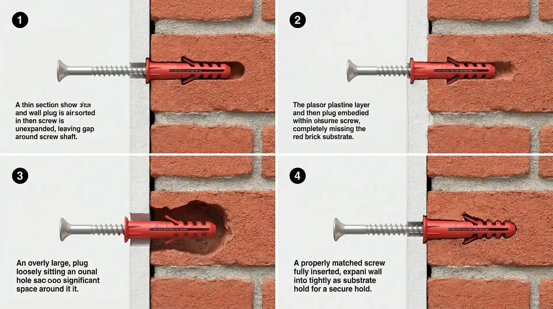 Four-panel diagram showing common wall plug mistakes: screw too thin, plug in plaster only, hole too big, and correct installation