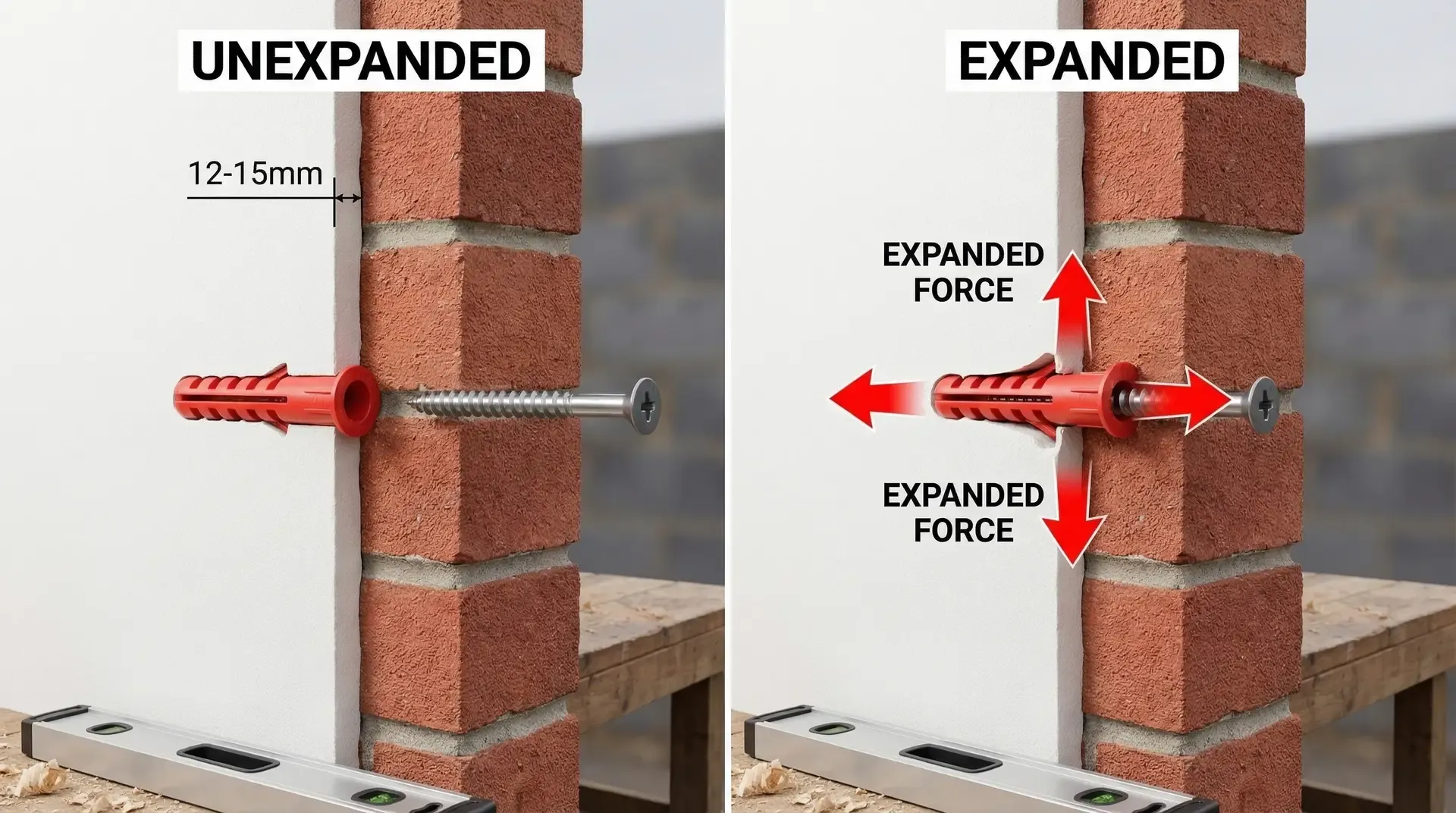 Cutaway cross-section showing a red wall plug inserted into a masonry wall, comparing unexpanded and expanded states as the screw is driven in