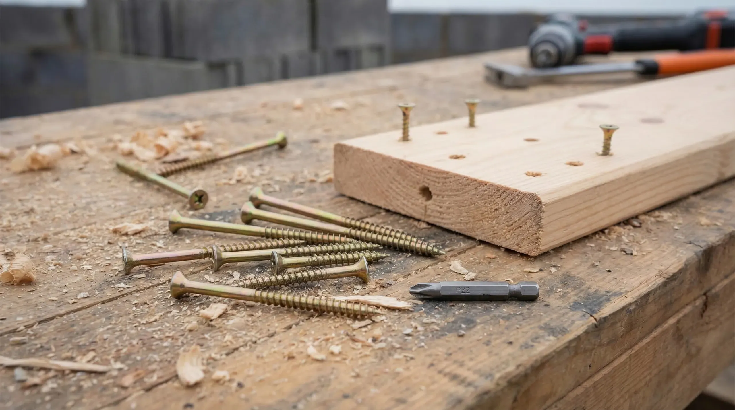 Assortment of yellow zinc-plated wood screws in various gauges and lengths arranged on a workbench next to a PZ2 driver bit and a piece of softwood with pilot holes
