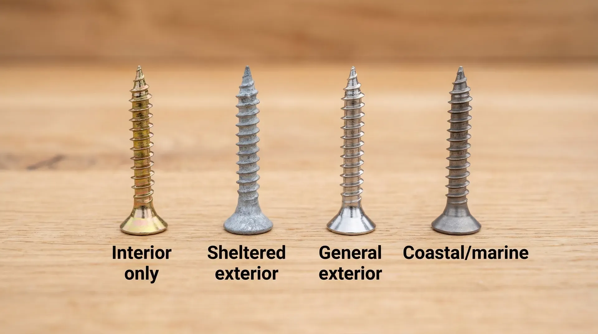 Four wood screws showing different coatings: yellow zinc-plated for interior, galvanised for sheltered exterior, stainless A2 for general exterior, and stainless A4 for coastal use