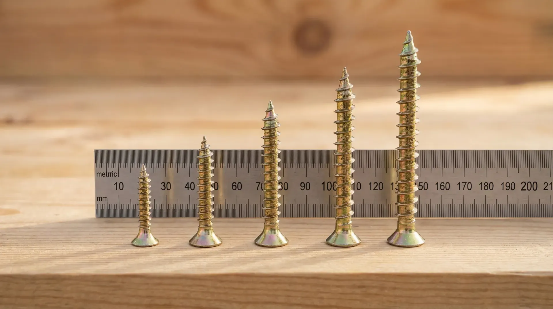 Five yellow zinc-plated wood screws arranged by size from 3.5x25mm to 6x100mm with a millimetre ruler for reference