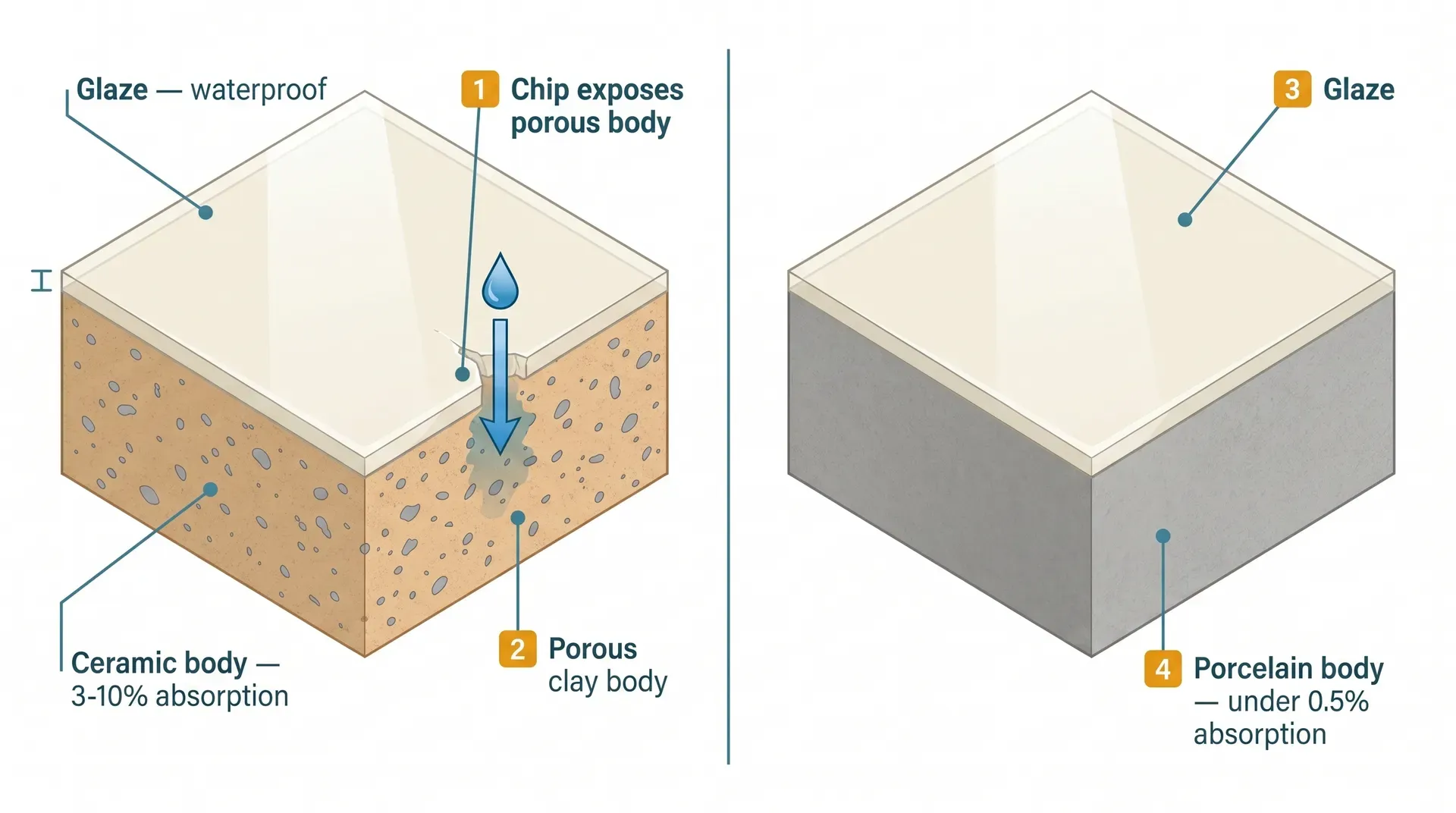 Technical isometric cutaway cross-section comparing a ceramic tile and a porcelain tile side by side. The ceramic tile shows a thin glaze layer over a visibly porous clay body, with an arrow indicating how a surface chip exposes the absorbent body beneath. The porcelain tile shows the same glaze layer over a dense, non-porous vitrified body with no visible voids.