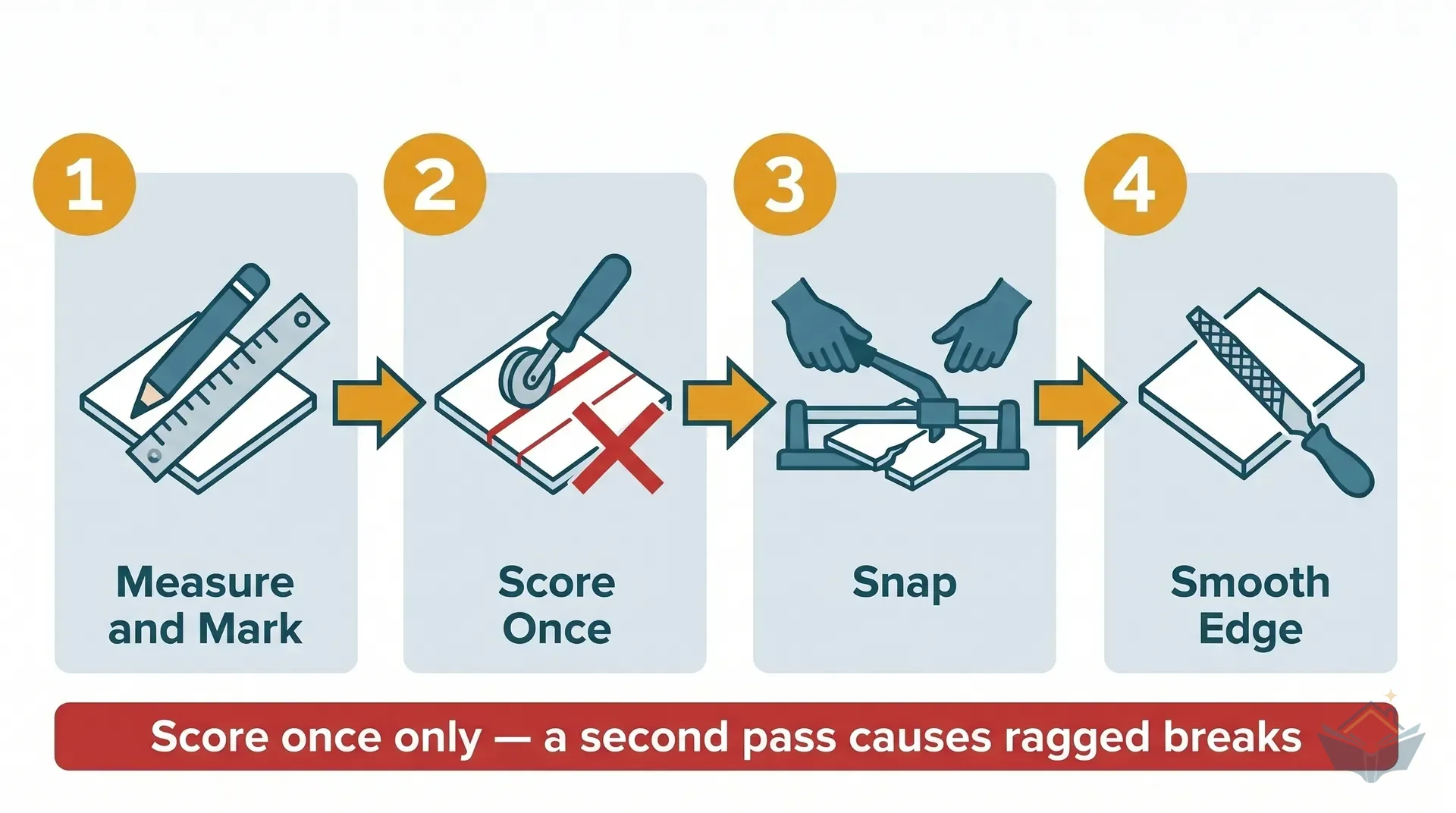 Four-step flat vector process infographic showing the ceramic tile score-and-snap cutting sequence. Step 1: measure and mark cut line with pencil and steel rule. Step 2: score in one firm continuous stroke from edge to edge with the scoring wheel. Step 3: lower the snapping arm and apply steady downward pressure. Step 4: smooth the cut edge with a tile rubbing stone or diamond file. Amber numbered circles, teal arrows connecting steps, dark teal labels on white background.