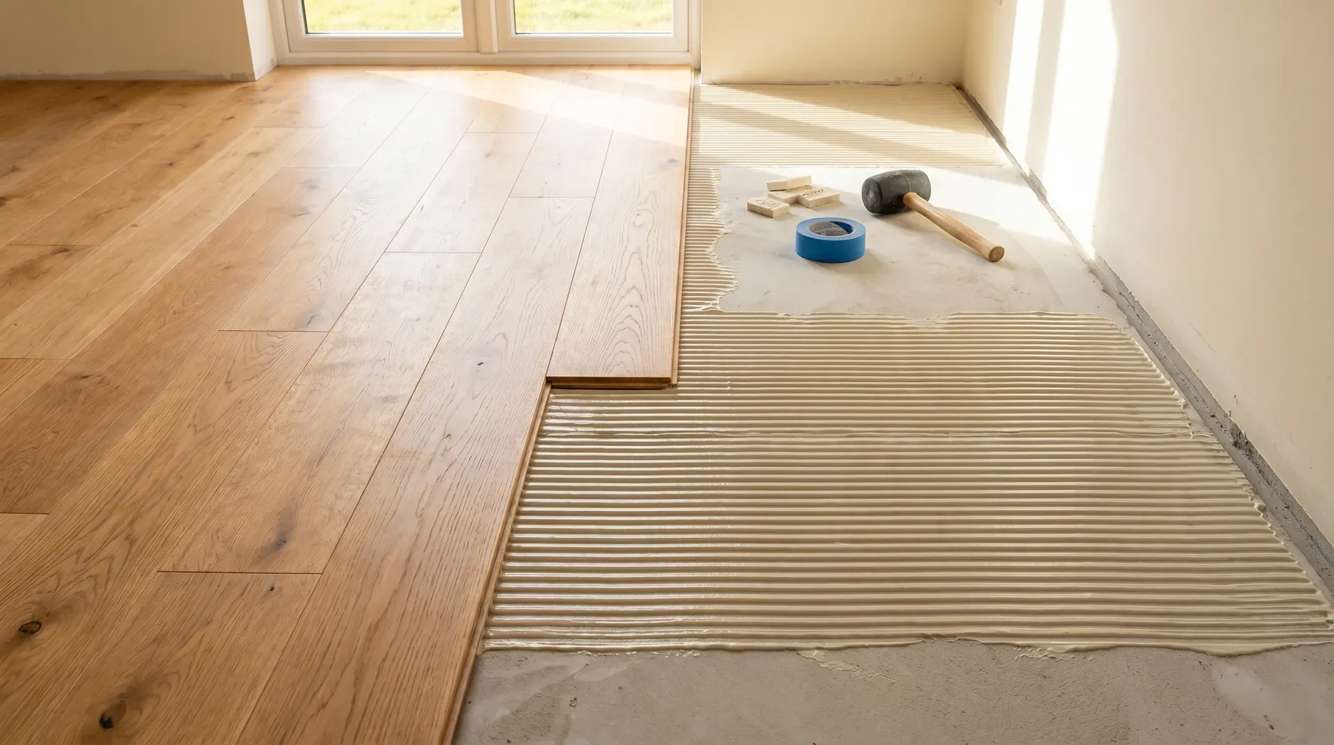 Close-range photograph of an engineered oak floor mid-installation using the glue-down method. Pale grey sanded anhydrite screed visible with parallel combed ridges of cream polyurethane adhesive. Several wide oak boards already laid in a staggered brick-bond pattern on the left, with an open 10-15mm expansion gap visible against the far wall. A rubber mallet, spacer blocks, and tape reel on the floor nearby.