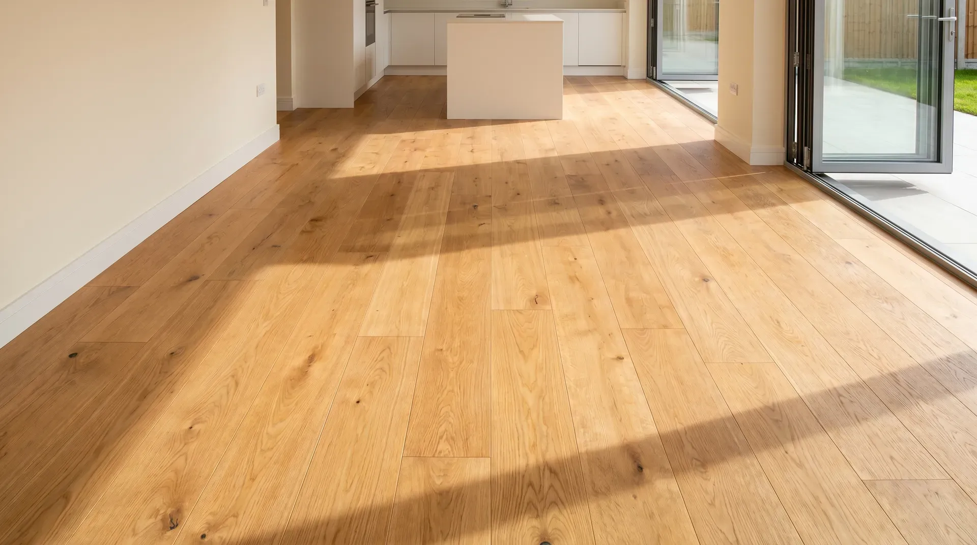 Photorealistic wide-angle photograph of a brushed-oiled engineered oak floor in a kitchen-diner extension, laid in wide planks with visible grain and natural morning light