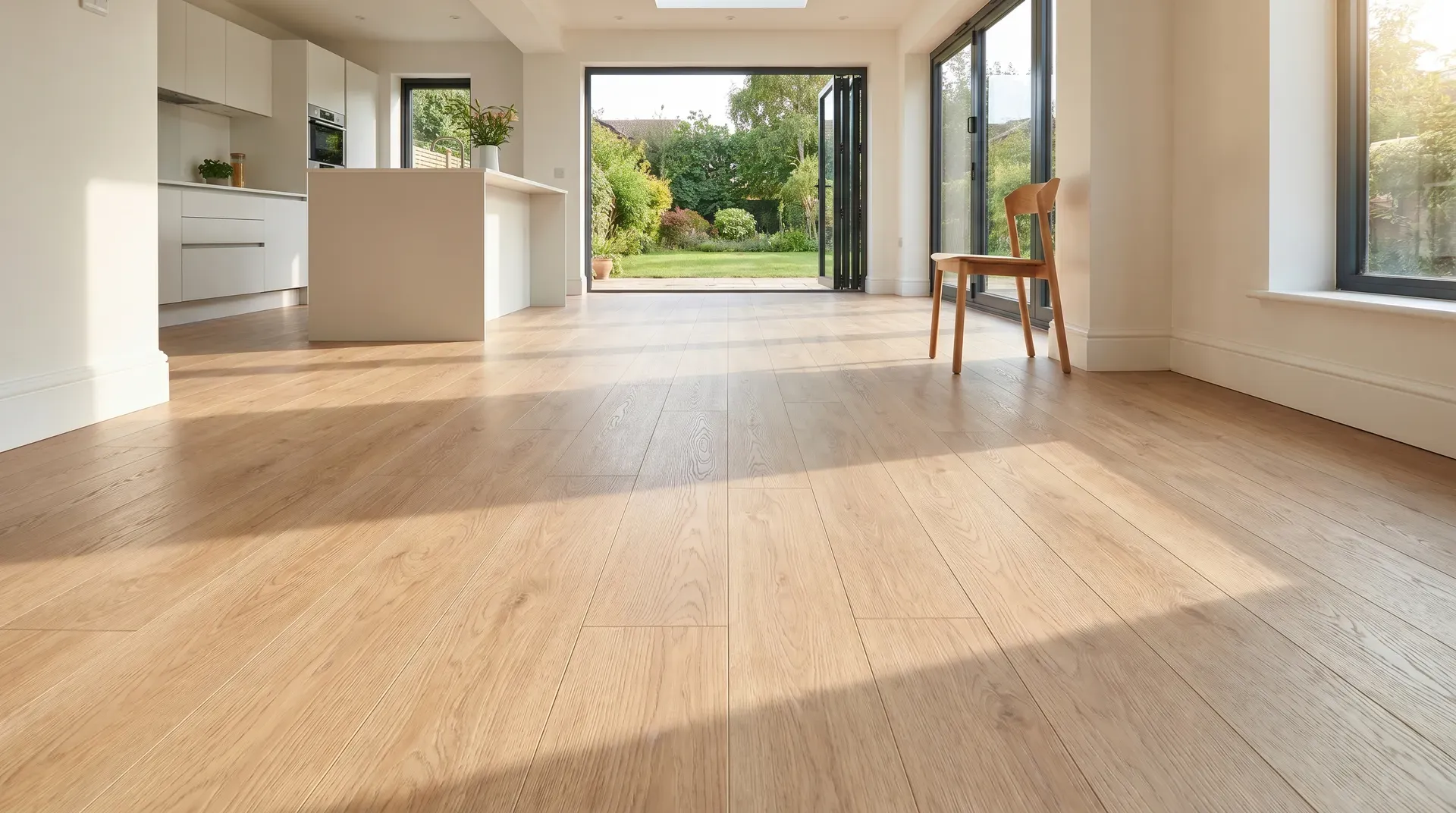 Photorealistic photograph of a wood-effect laminate floor in an open-plan living area, showing realistic oak grain and a natural neutral tone in warm daylight