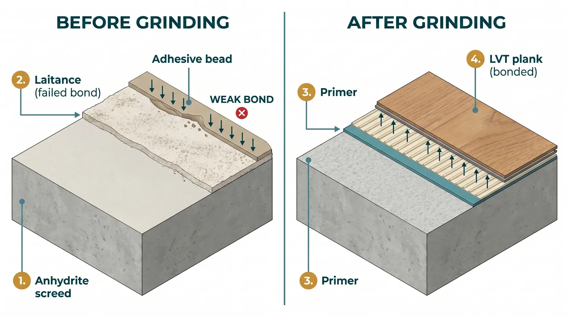 Two-panel technical cross-section comparing anhydrite screed before and after laitance grinding. Left panel shows the raw screed with a visible dusty laitance layer at the surface and a failed adhesive bond above it. Right panel shows the ground screed with laitance removed, a primer layer, adhesive, and an LVT plank properly bonded.