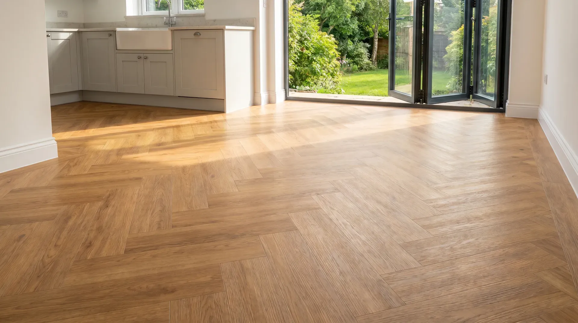 Photorealistic wide-angle photograph of a kitchen extension floor with wood-effect LVT planks laid in herringbone pattern, natural light from bifold doors, silicone perimeter visible at skirting