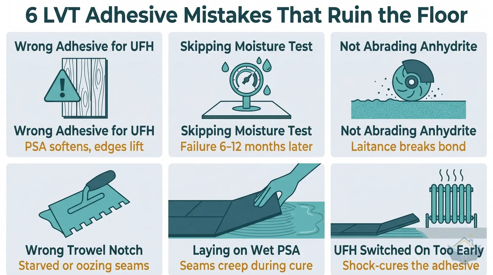 Six-panel flat vector infographic showing common LVT adhesive mistakes in a 3x2 grid. Panel 1: Karndean PSA over UFH (red warning icon). Panel 2: wrong trowel notch (oversized notch with squeeze-out arrows). Panel 3: skipping moisture test (hygrometer reading 85% RH with a warning). Panel 4: bonding over dusty substrate (dust particles blocking adhesive contact). Panel 5: laying onto wet PSA (strings shown at finger touch). Panel 6: rushing UFH back on before 48-hour cure (thermometer rising with a red X). Amber numbered badges, teal header bars, clean sans-serif labels on white background.