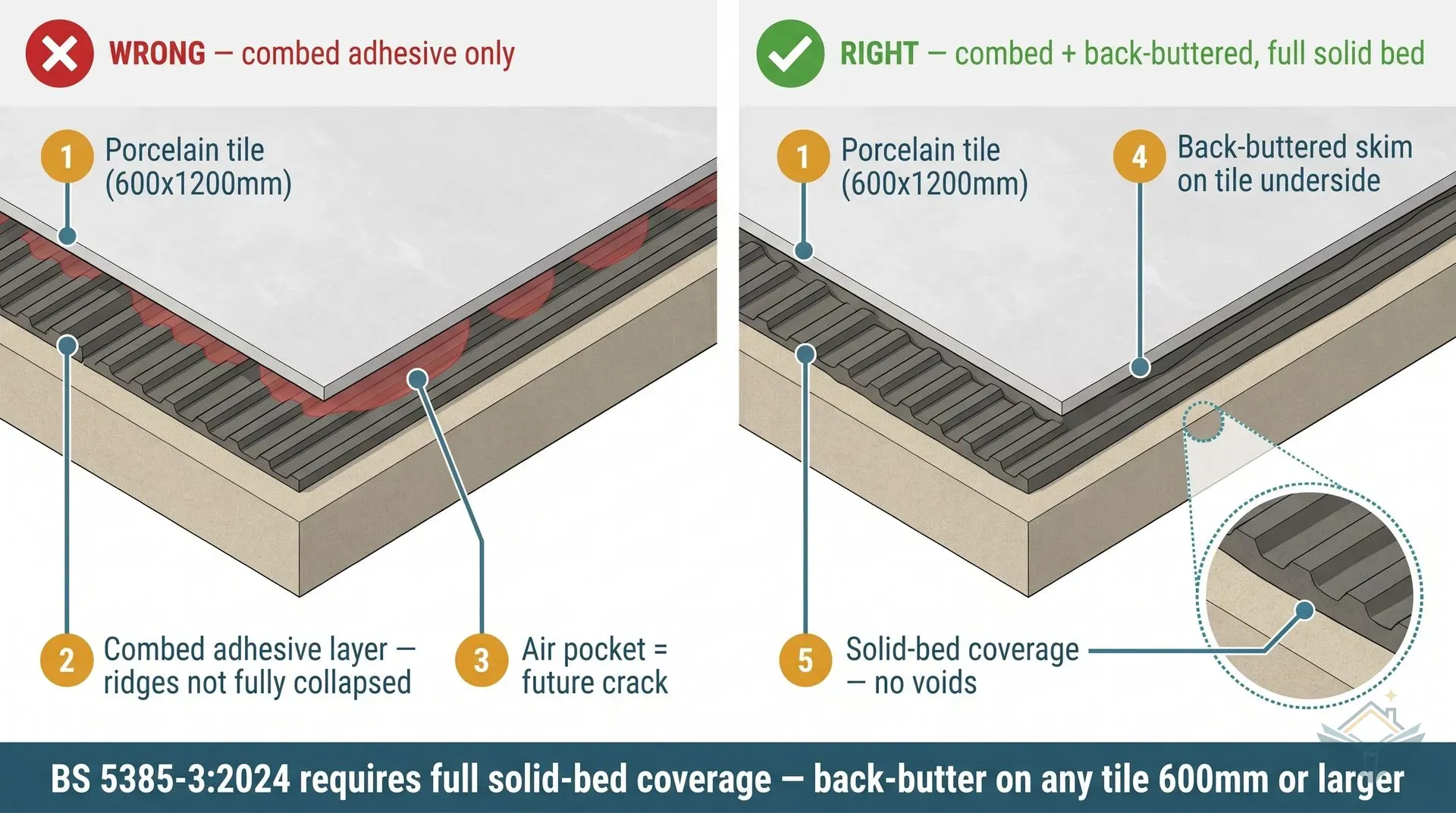 Technical cross-section diagram showing two side-by-side panels comparing wrong and right adhesive bedding for a large-format porcelain tile. Left panel marked WRONG shows a tile pressed onto combed adhesive ridges that have only partially collapsed, with red-shaded air pockets visible between the ridges beneath the tile. Right panel marked RIGHT shows the same tile back-buttered on its underside before pressing onto the combed bed, with the two adhesive layers merging into a continuous void-free film. A magnified inset on the right panel shows the merged bond line. A footer banner reads: BS 5385-3:2024 requires full solid-bed coverage. Back-butter on any tile 600mm or larger.