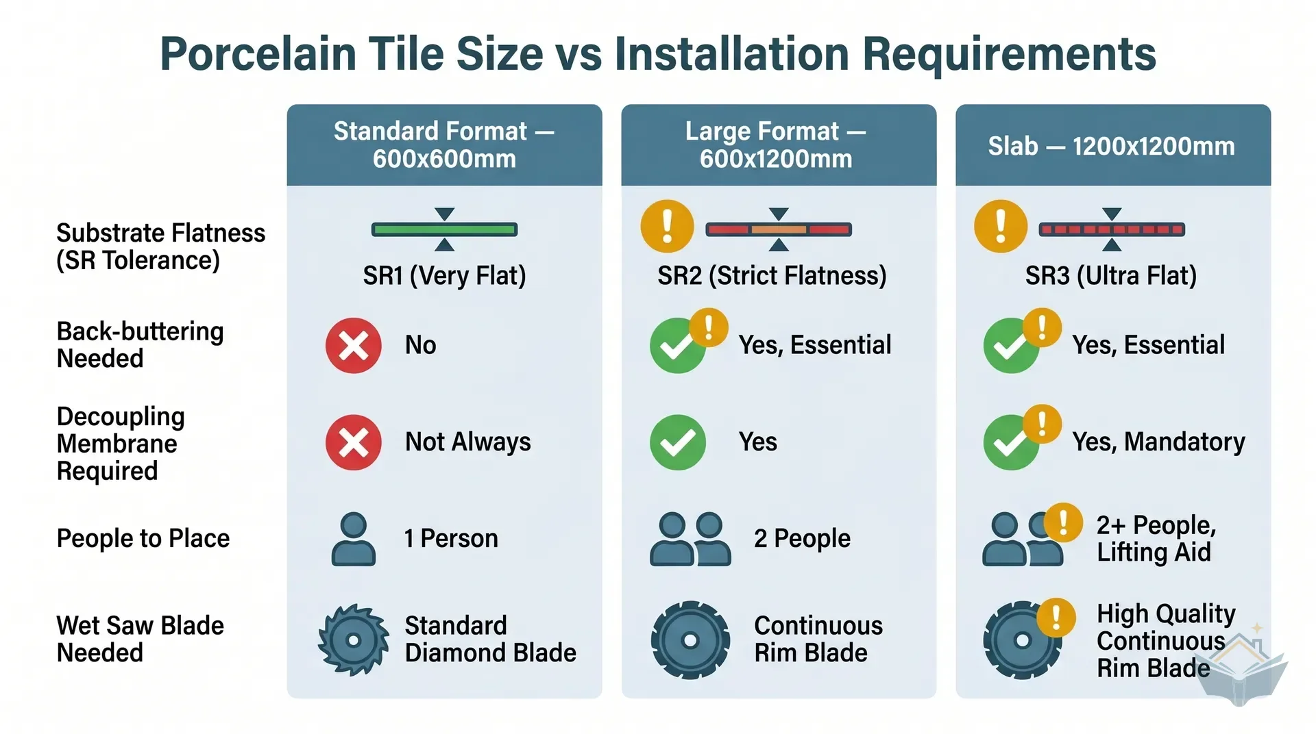 Flat vector infographic showing large-format porcelain tile size requirements in four panels. Panel 1: substrate flatness showing SR1 tolerance (3mm under 2m straightedge). Panel 2: tile levelling system showing clips and wedges between adjacent tiles. Panel 3: wet saw equipment with porcelain-rated diamond blade. Panel 4: two-person lift showing 600x1200mm tile weight of 17-18kg. Amber numbered circles, teal borders, dark teal labels on white background.
