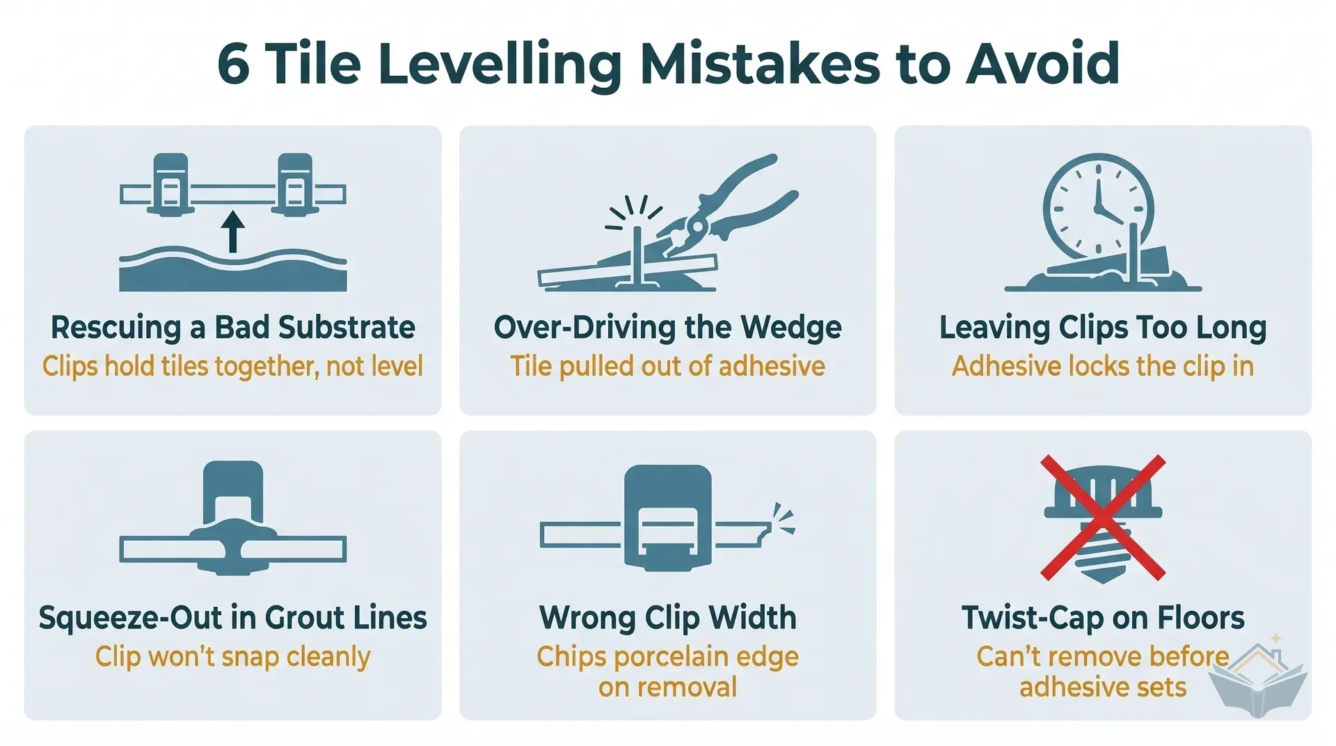 Six-panel flat vector infographic showing common tile levelling system mistakes in a 3x2 grid. Panel 1: over-driving the wedge (wedge driven past flush with hollow void beneath). Panel 2: wrong clip width (3mm clip jamming in 2mm joint). Panel 3: leaving clips too long (adhesive overcured around clip base). Panel 4: adhesive squeeze-out in grout lines (bead cementing clip in place). Panel 5: twist-cap system on floors (caps locked in adhesive). Panel 6: too few clips on long edges (tile edge sagging mid-span). Amber numbered badges, teal header bars, clean sans-serif labels on white background.