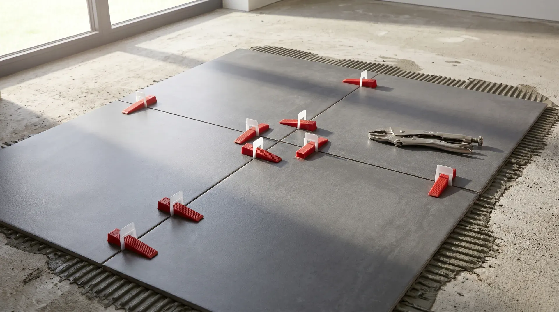 Close-up photorealistic photograph of a large-format porcelain floor tile during installation with white plastic tile levelling clips and red wedges squeezed between adjacent tile edges, adhesive visible in the bed beneath