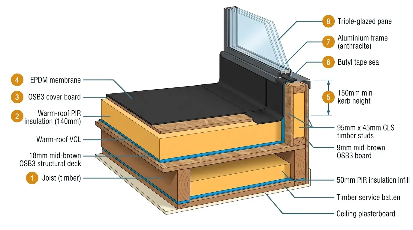 Technical cross-section of a flat-roof rooflight kerb showing the full warm-roof build-up from ceiling plasterboard to triple-glazed pane, with the EPDM membrane lapping 150mm up the kerb face and the aluminium frame seated on a butyl tape seal. Eight numbered callouts identify: joist, 140mm PIR insulation, OSB3 cover board, EPDM membrane, 150mm minimum kerb height, butyl tape seal, aluminium frame, and triple-glazed pane.
